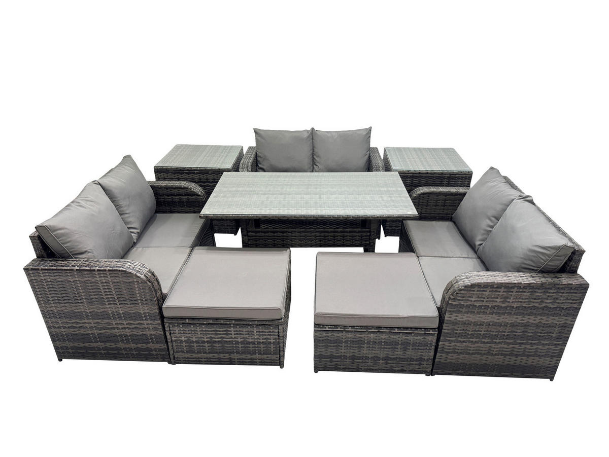 SITZGRUPPE mit Esstisch,Zweisitzer,2 Hockern,2 Beistelltisch Polyrattan 8-Sitzer - Dunkelgrau/Grau, Glas/Kunststoff - Fimous