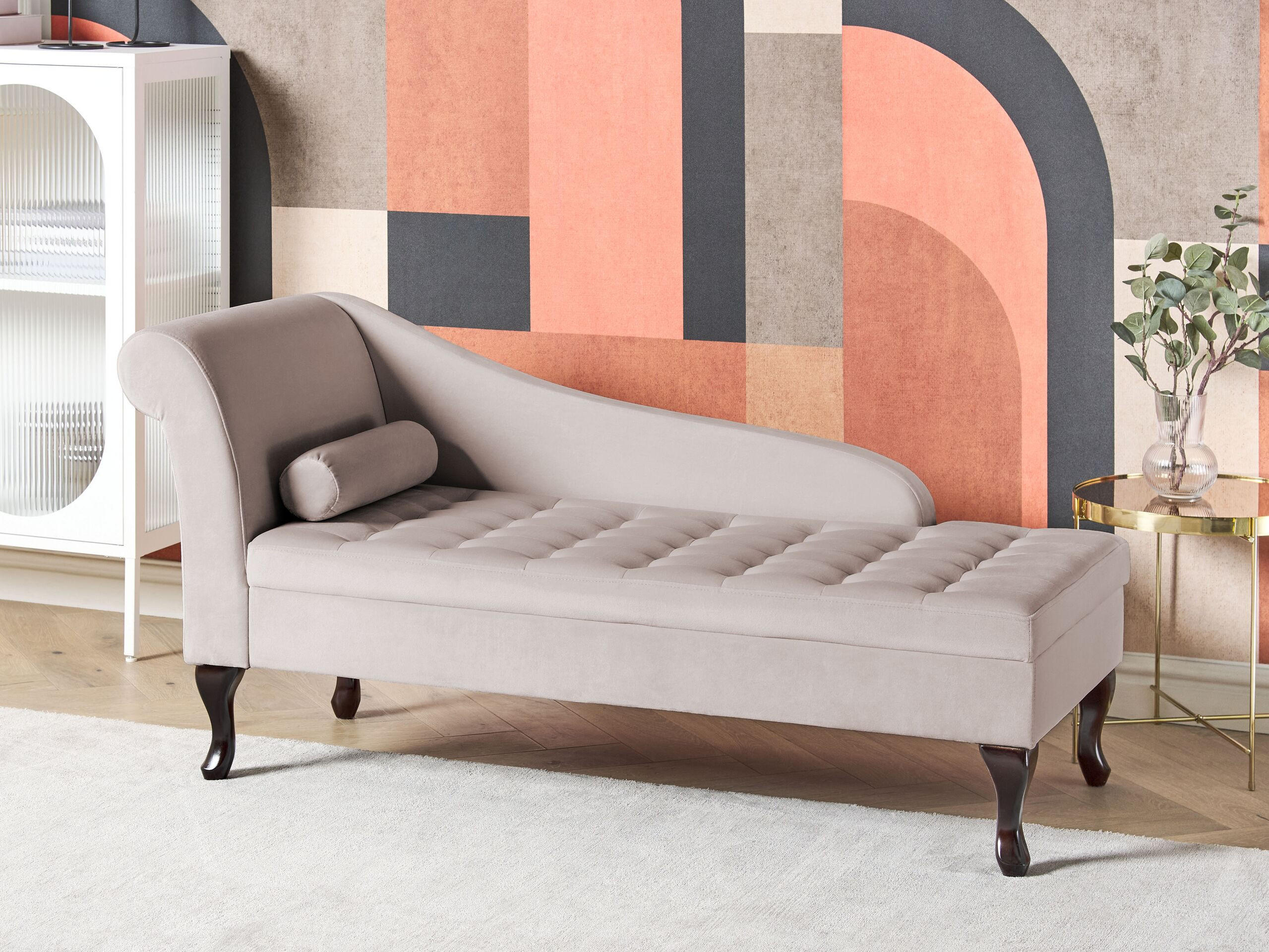 CHAISELONGUE Samtstoff hellbeige mit Bettkasten linksseitig Pessac - Beige/Schwarz, Textil (145/71/62cm) - Beliani