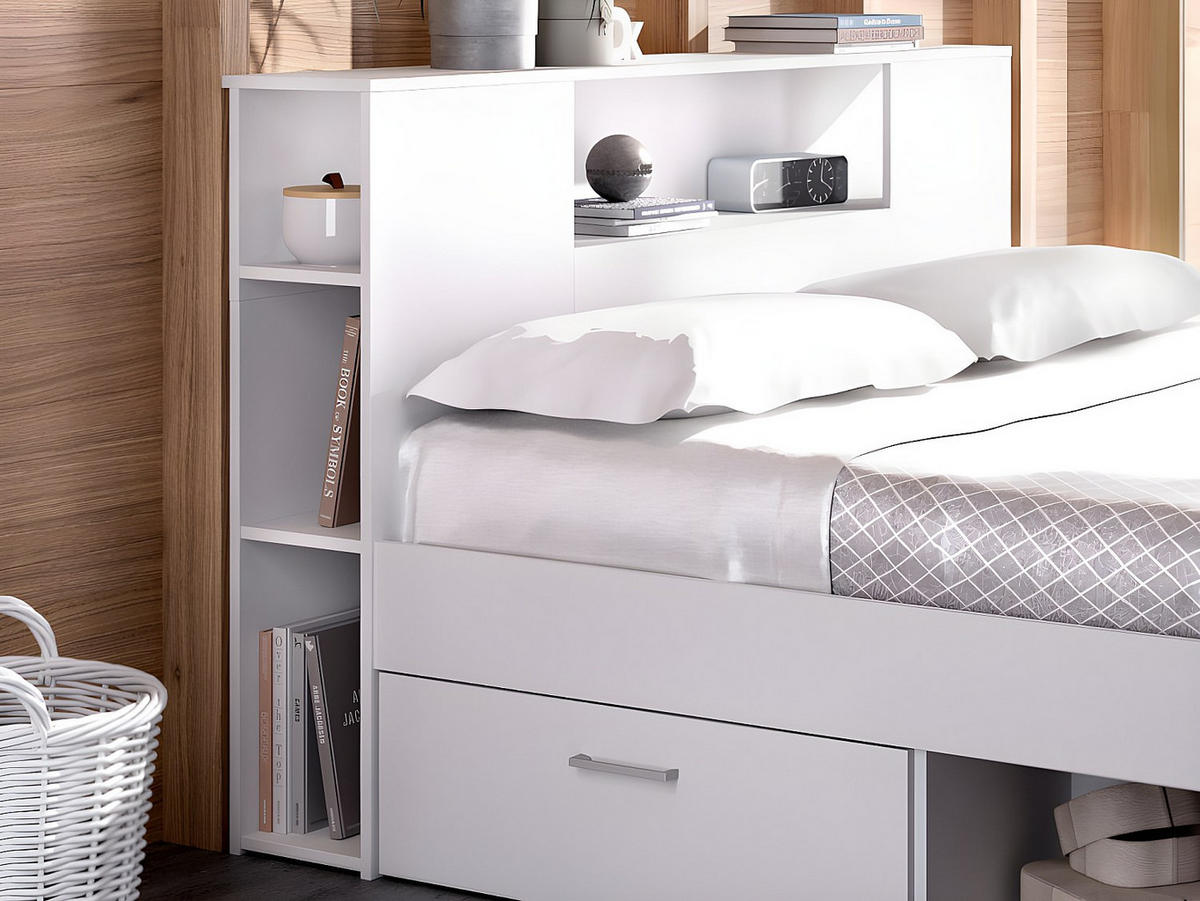 BETT mit Kopfteil, Stauraum & Schubladen - 160 x 200 cm - Weiß - LEANDRE - Weiß, Holz (169.5/228.5cm) - Vente-Unique