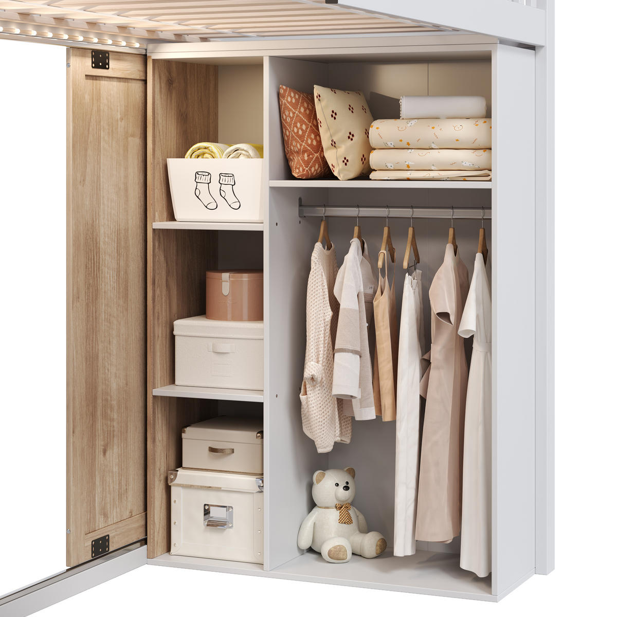 HOCHBETT 90/200 mit LED, Kleiderschrank und Treppenschrank in Weiß und Eiche - Weiß/Naturfarben, Holzwerkstoff (90/200cm) - EVRYAE