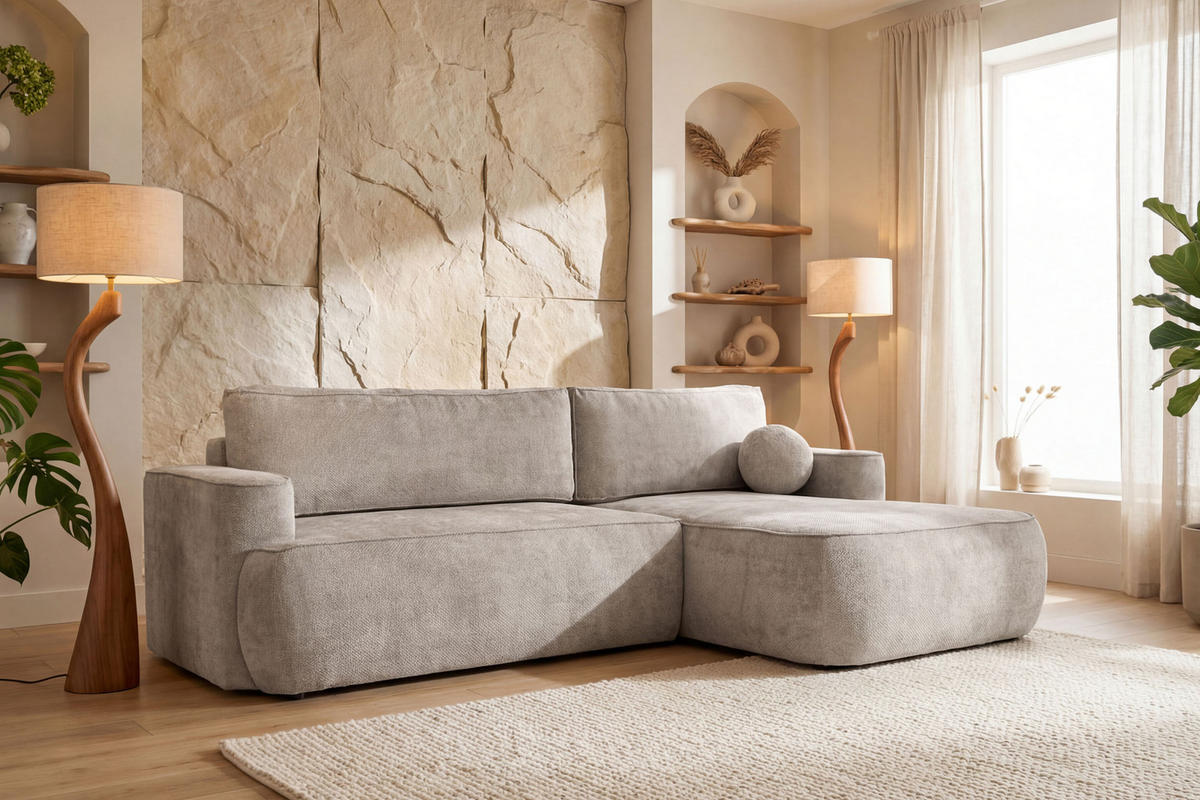 ECKSOFA Marion mit Schlaffunktion & Bettkasten in Chenille Taupe, Beige-Grau, Rechts 267/154/83 cm - Taupe/Beige, Kunststoff/Textil (267/154cm) - WFL GROUP