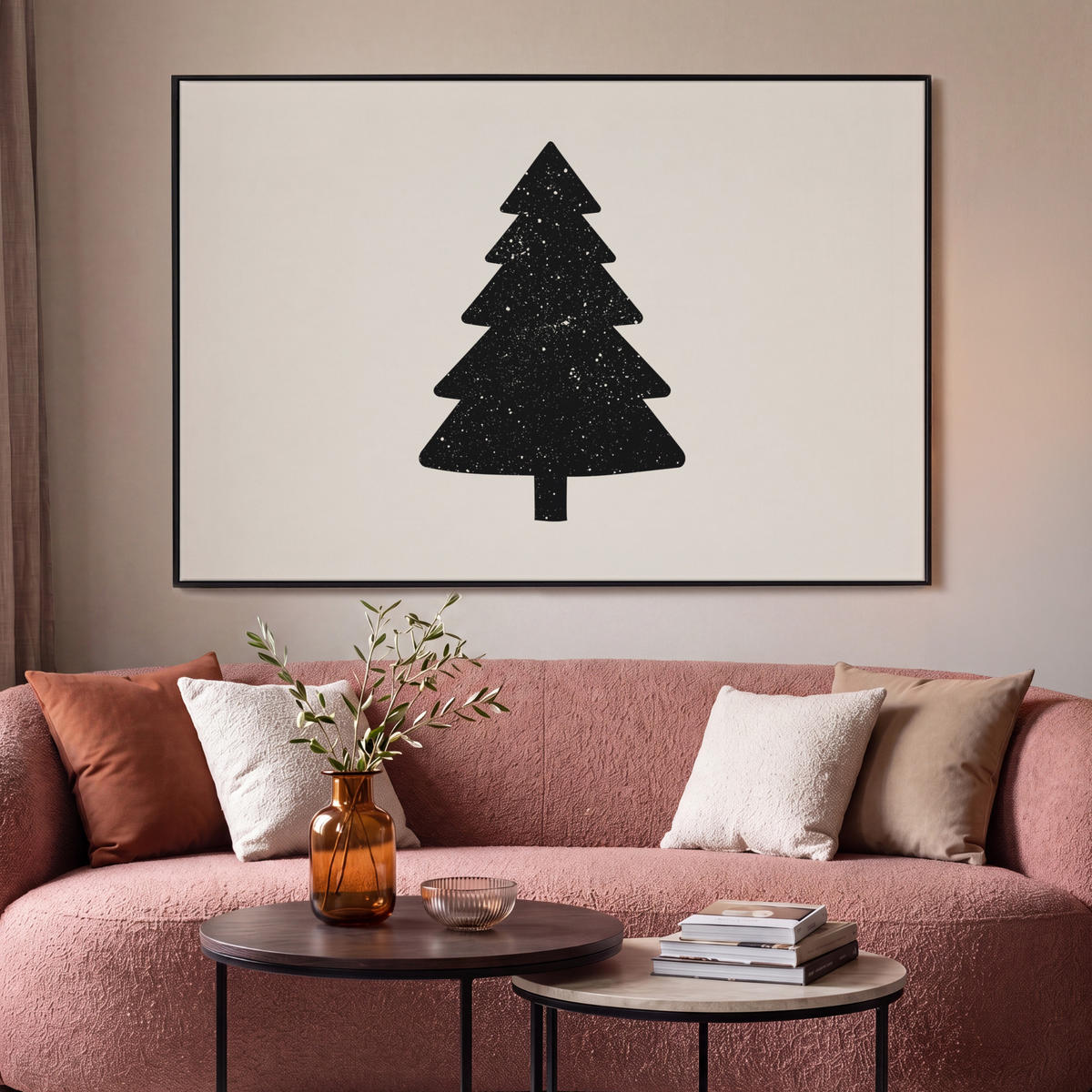 LEINWAND Bilder mit Rahmen - Weihnachtsbaum - Schwarz - Urlaub - Beige - 120x80 - Schwarz, Textil (120/80cm) - MuchoWow