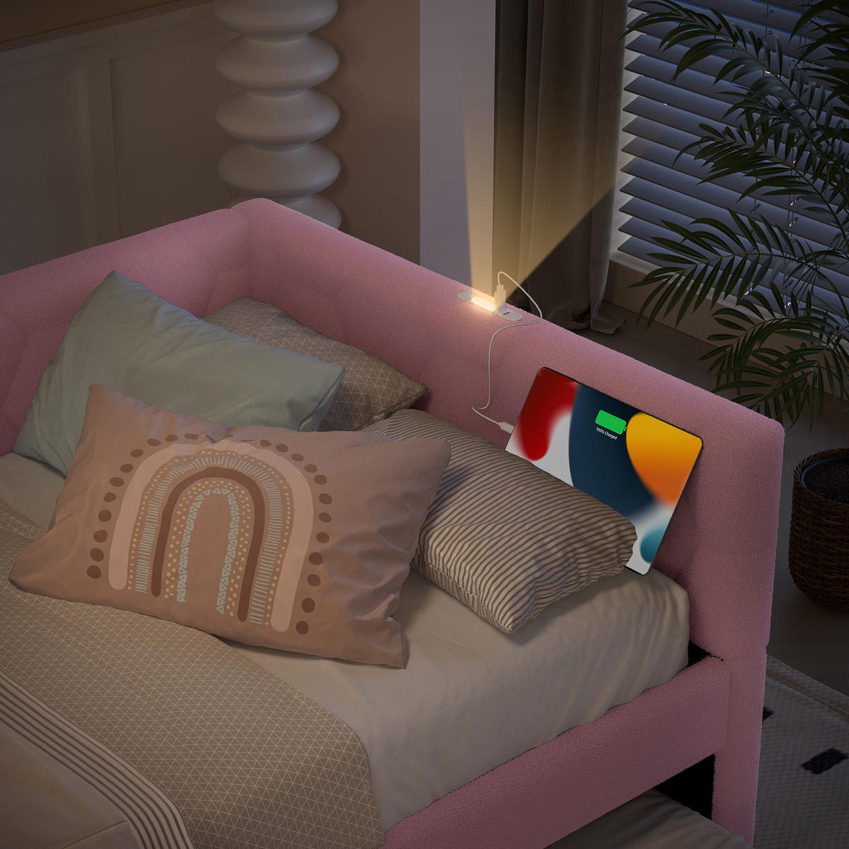 TAGESBETT 90x200cm Rosa Mit USB-C & Nachttischlampe - Pink, Textil - FLIEKS