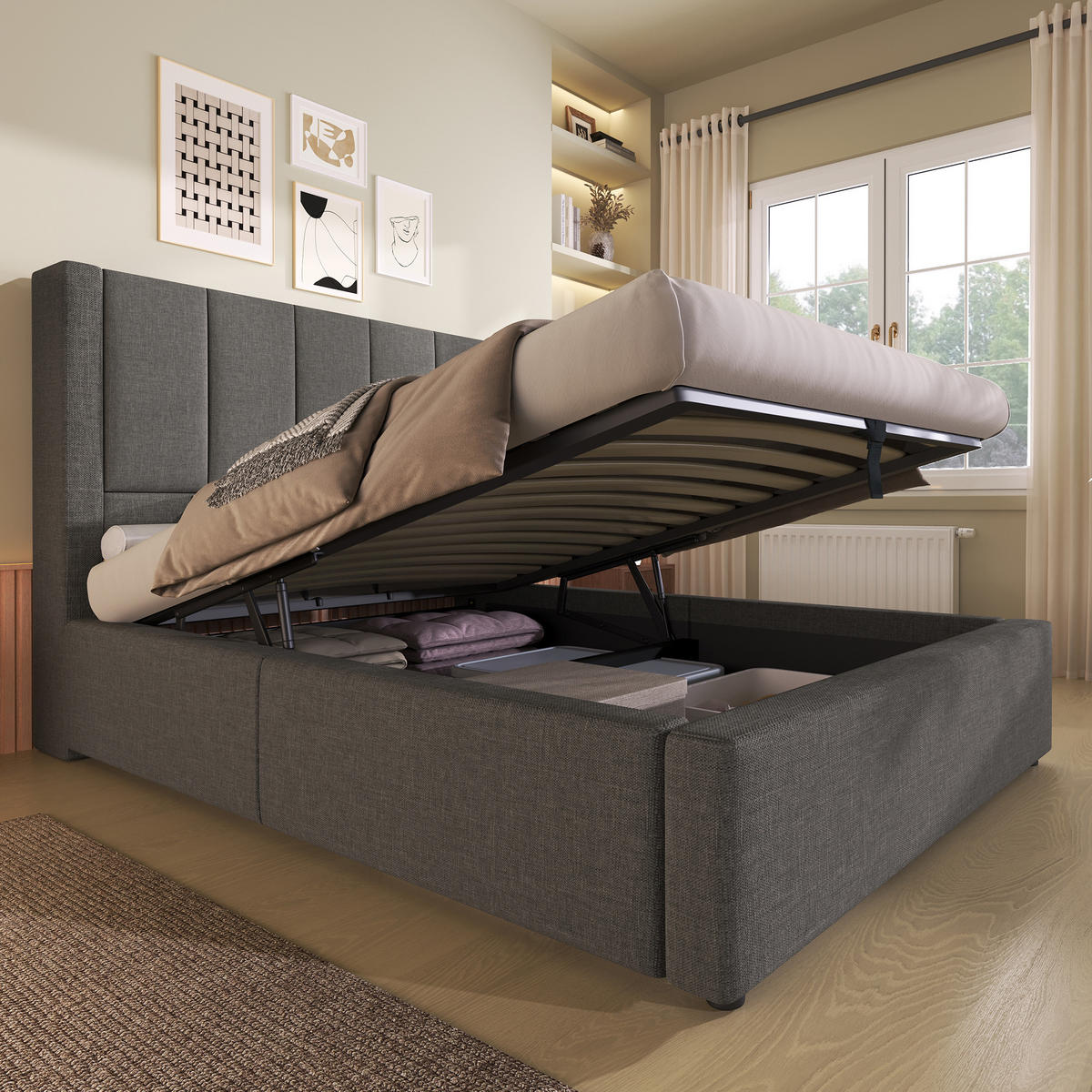 POLSTERBETT 90/200 cm Grau mit Stauraum und integrierter Ladestation mit Matratze - Grau, Textil (90/200cm) - OKWISH
