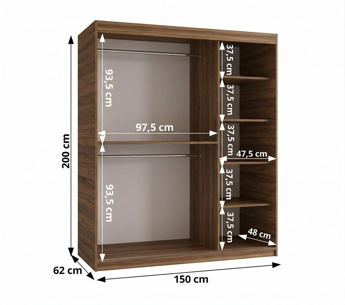 SCHIEBETÜRENSCHRANK mit Spiegel ROYAL 200/150/62 2-türig - Silberfarben/Walnussfarben, Holz (150/62/150cm) - MÖBEL KRYSPOL