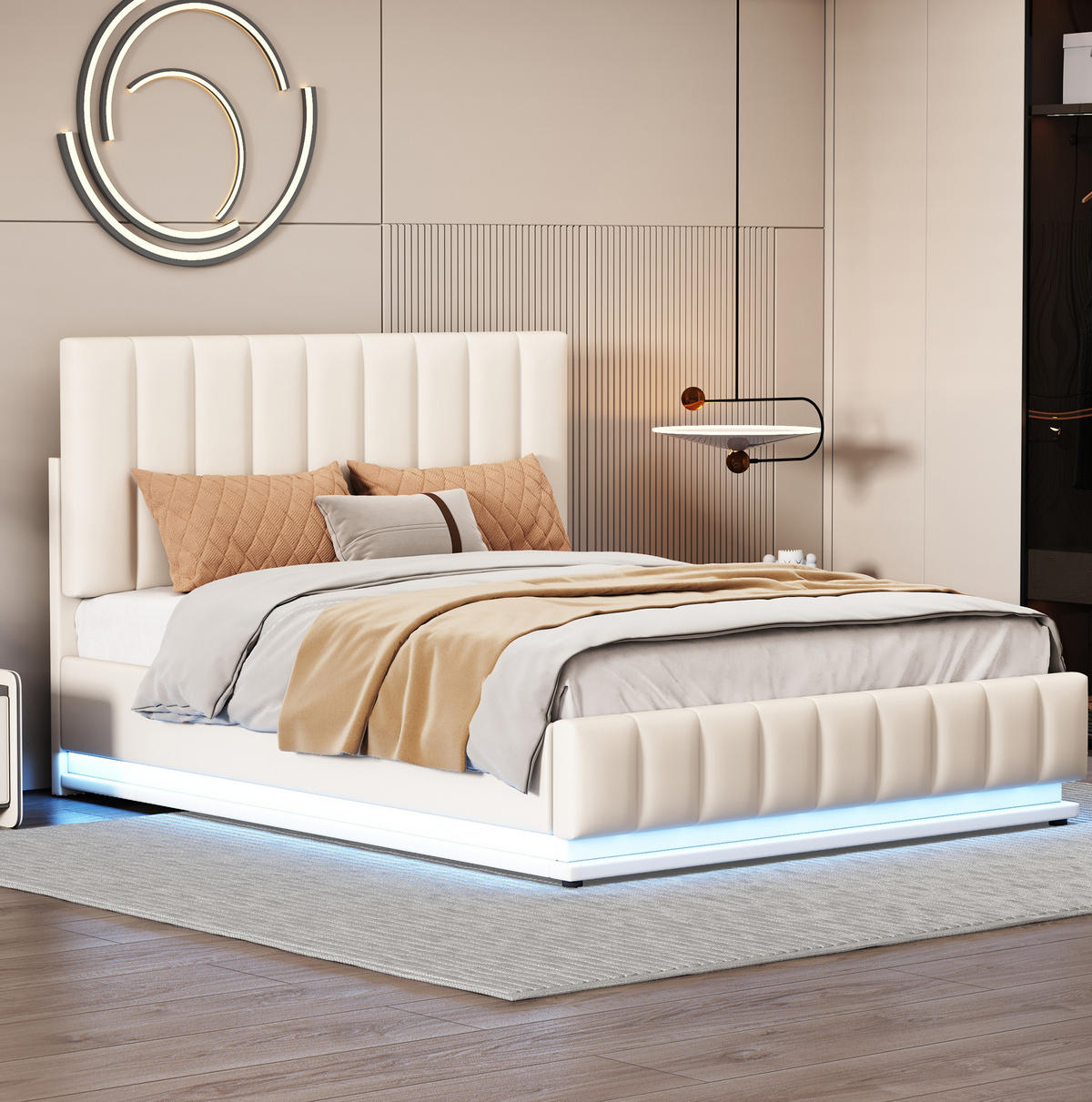 POLSTERBETT 140/200 cm mit LED-Streifen und Stauraum, Weiß, Doppelbett - Weiß, Textil (140/200cm) - OKWISH