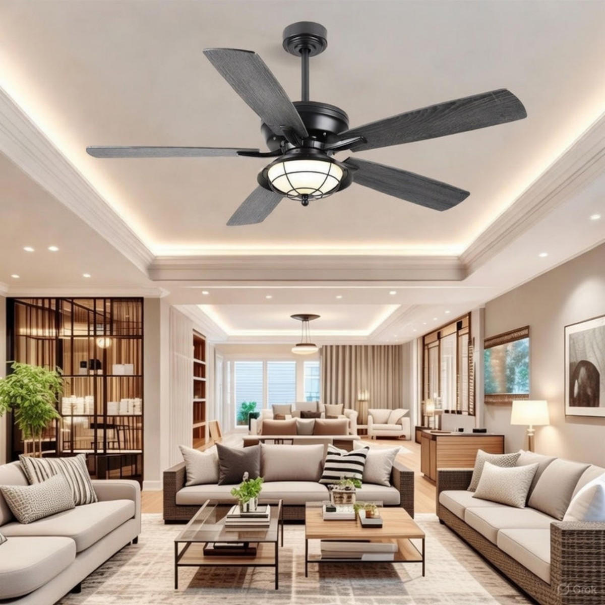 DECKENVENTILATOR für geschützte Außenbereiche Schwarz 132 cm mit LED und leisem DC-Motor 5013 - Schwarz, Metall (132.1/132.1/53.3cm) - Surtime