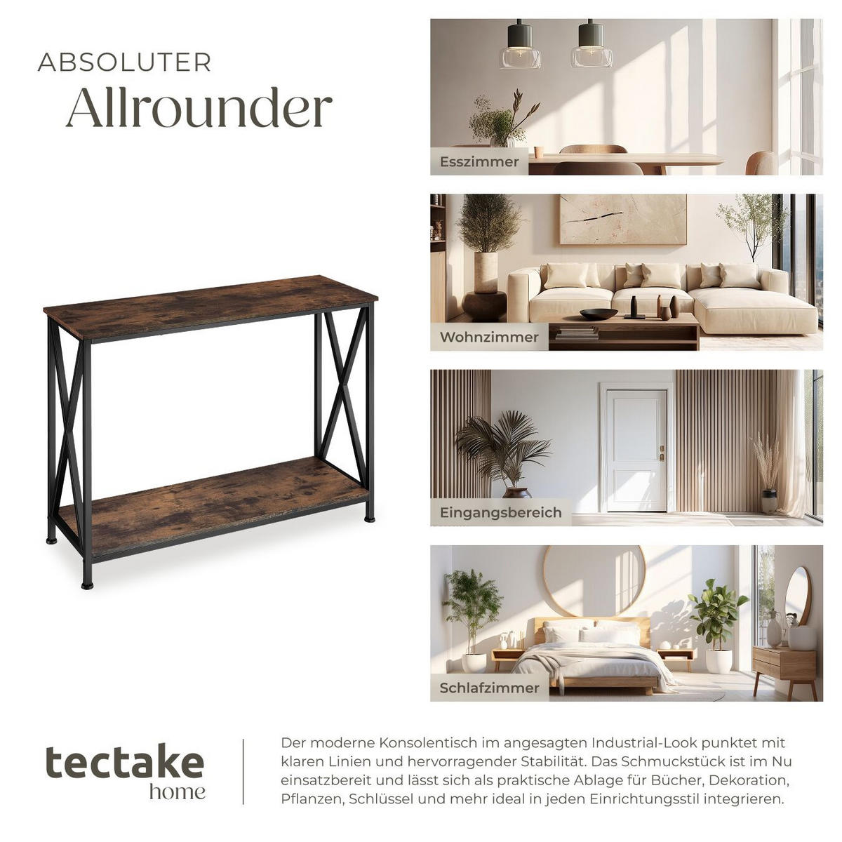 KONSOLENTISCH Tacoma,100 x 35 x 80,5 cm,Industrial Holz dunkel, rustikal - Rostfarben, Holzwerkstoff (100/35/80.5cm) - tectake
