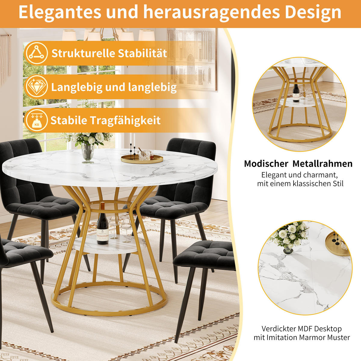 ESSTISCH 100/100/76 cm gold mit Ablagefläche und verstellbaren Füßen aus MDF und Metall - Goldfarben, Holzwerkstoff (100/100/76cm) - OKWISH