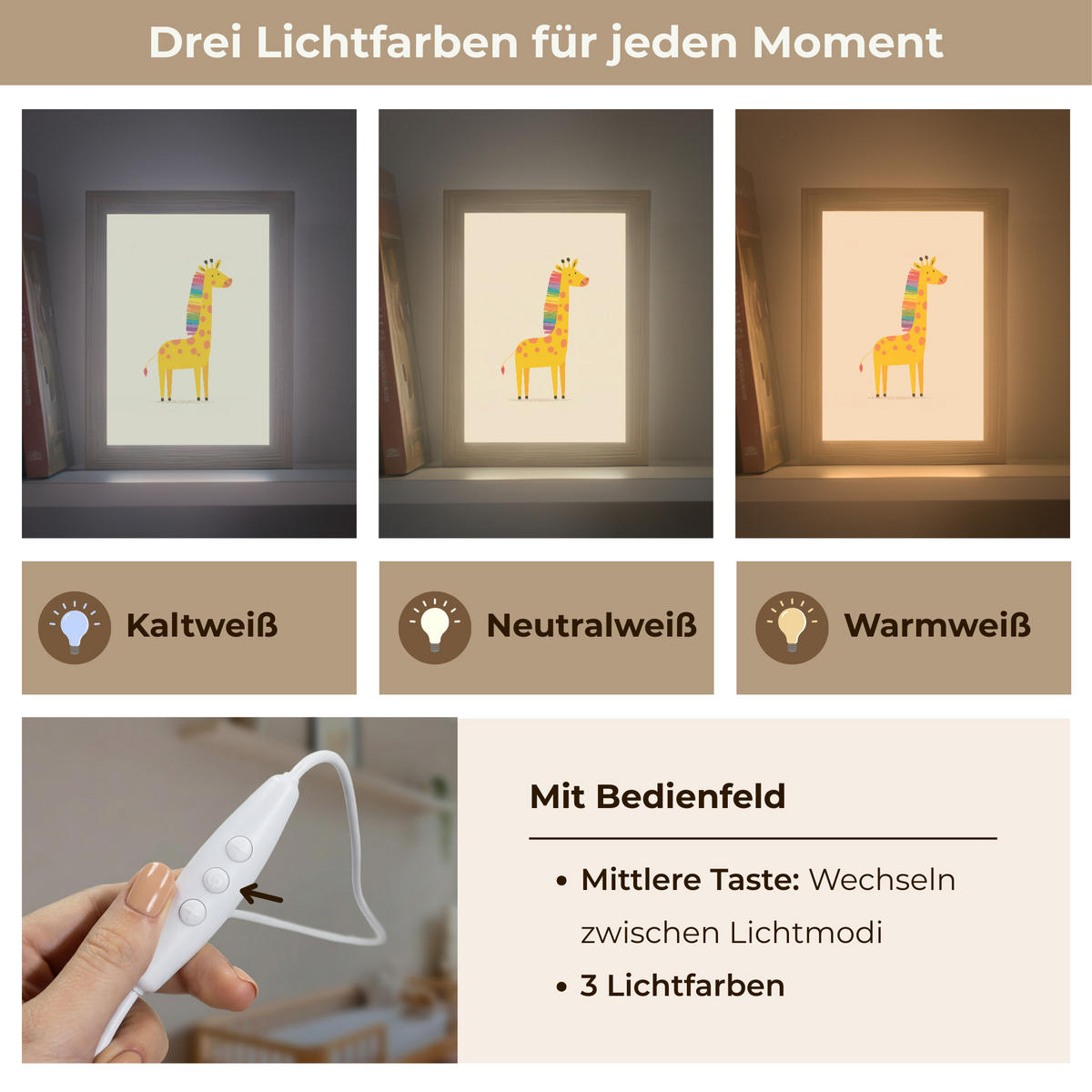 NACHTTISCHLAMPE Giraffe - Regenbogenmähne - Beige 15x20 cm - Beige, Holzwerkstoff (8/15/20cm)