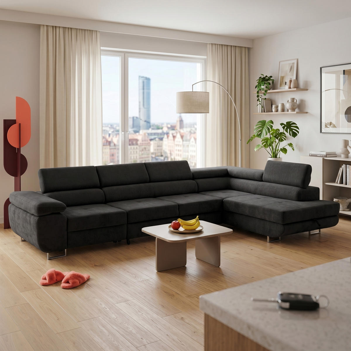 ECKSOFA WILD MAXI L Rechts mit Schlaffunktion 125x195 Chenille Schwarz - Chromfarben/Schwarz, Holz/Textil (350/203cm) - Muffo