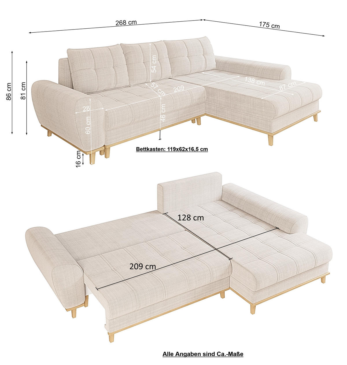 ECKSOFA im Scandi-Stil, Schlaffunktion, Bettkasten B268/T175/H86 cm, Ottomane rechts, Liegefl. 128x209 cm, Bouclé Chenille Stoff in Beige / 21013 - Eichefarben/Beige, Holz/Textil (268/175cm) - luma-home