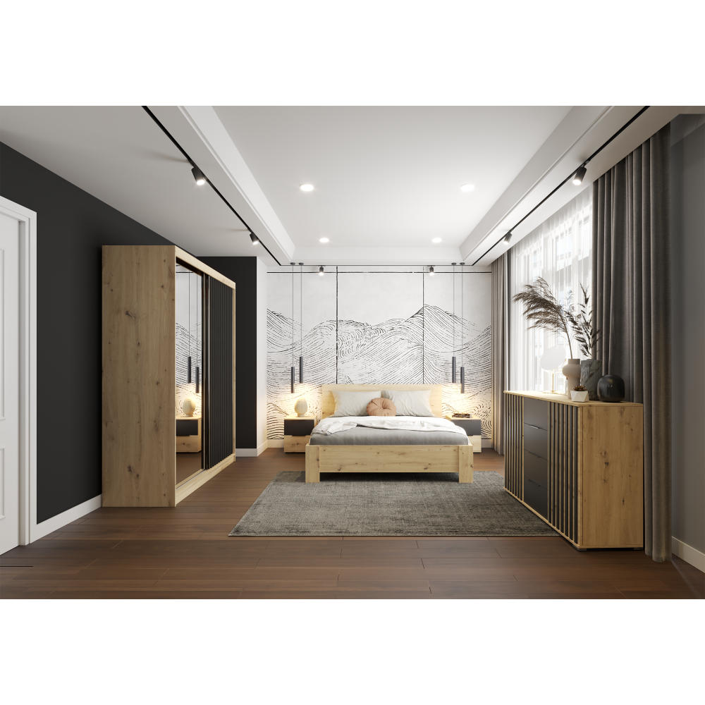 Thumbnail - imoebel24 Schwebetürenschrank, Eiche Artisan, Schwarz, Metall, 10 Fächer, Rechteckig, 233x218x61 cm, Schlafzimmer, Kleid...