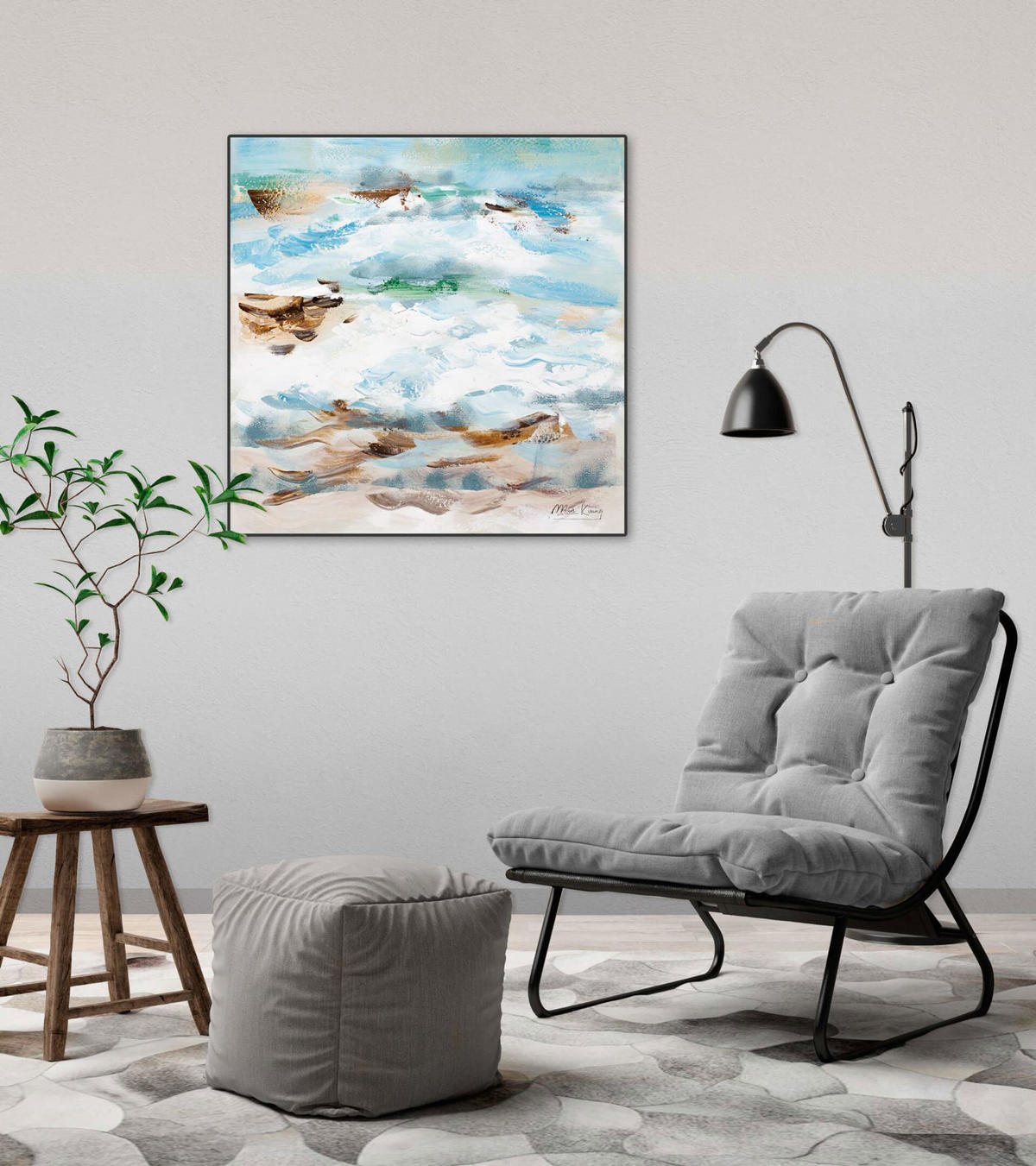 ACRYLBILD HANDGEMALT 60/60 cm - Blau/Beige, Holz/Textil (1.06/60cm) - KUNSTLOFT