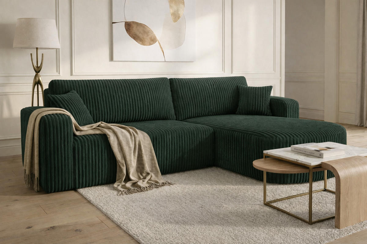 ECKSOFA Mit Schlaffunktion, Cordstoff Tilia, Grün, Rechts, ROUND ONE XL - Grün, Holz (271/175cm) - Kaiser Möbel