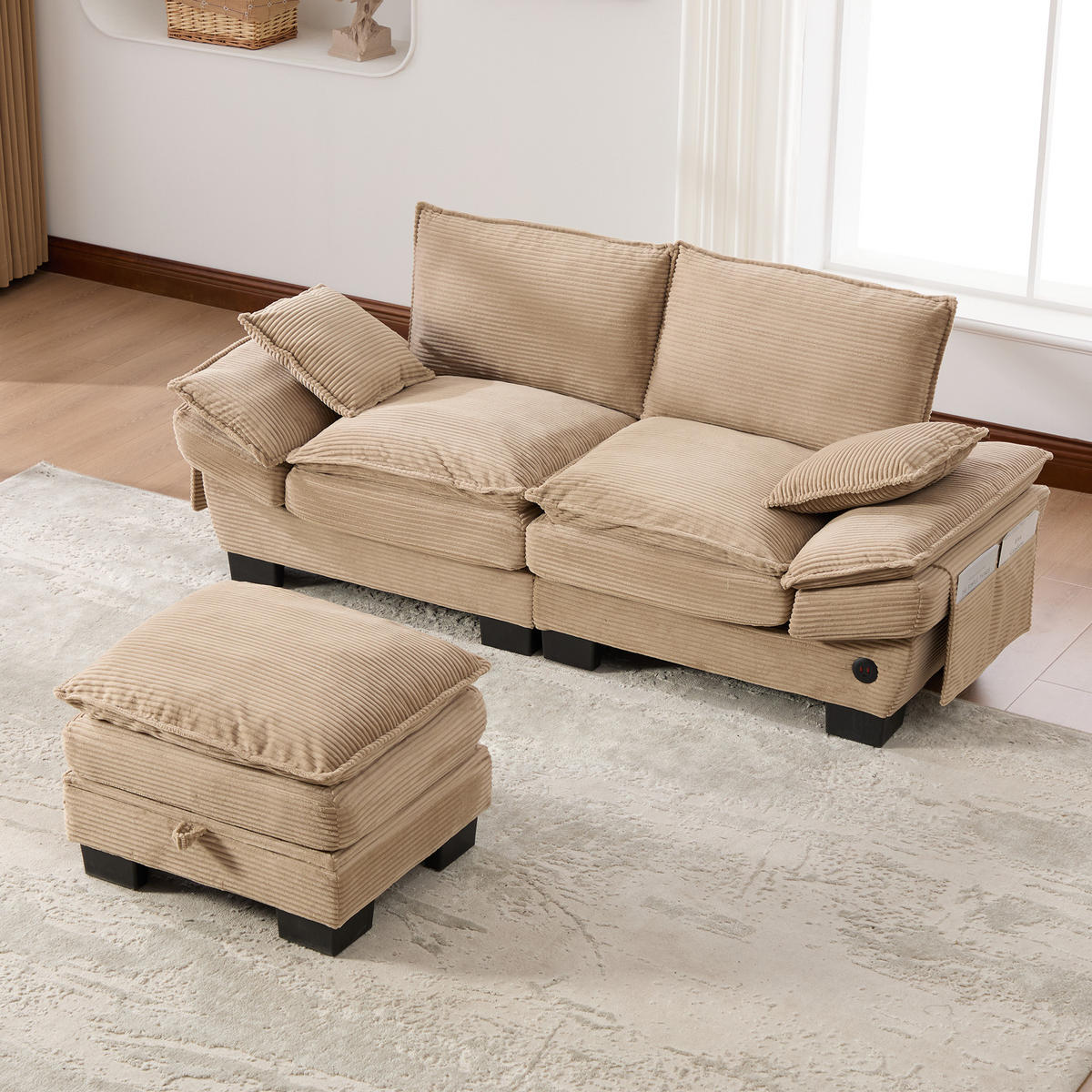 2-SITZER SOFA Cord Khaki mit Hocker, USB-C und Seitentaschen - Hellbraun, Holzwerkstoff/Kunststoff (190/132cm) - WISHDOR