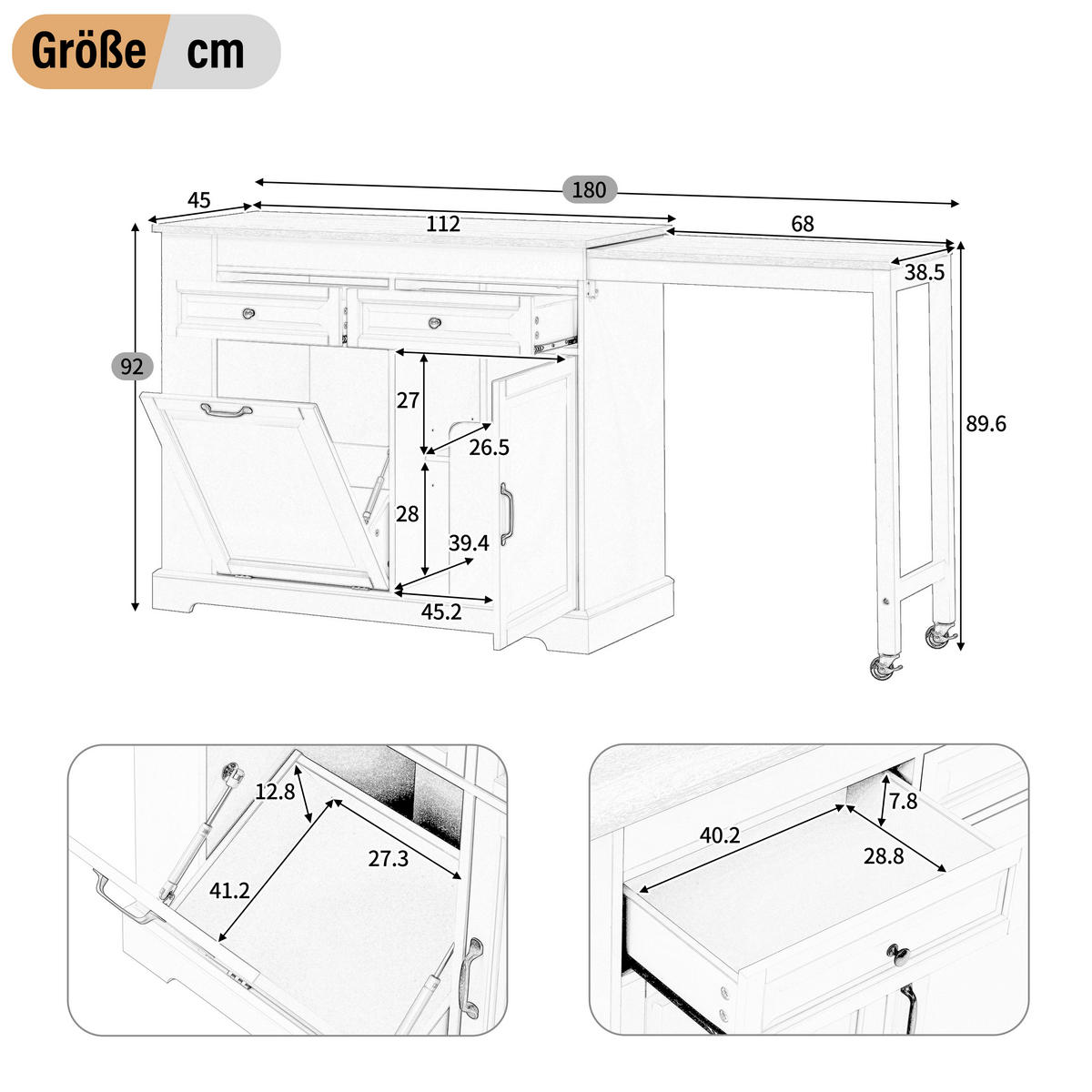 KÜCHENINSEL DE-41137 112-180/45/92 cm mit seitlich ausziehbarer Arbeitsplatte Grau - Grau, Holzwerkstoff (116/92/45cm) - ComfortXL