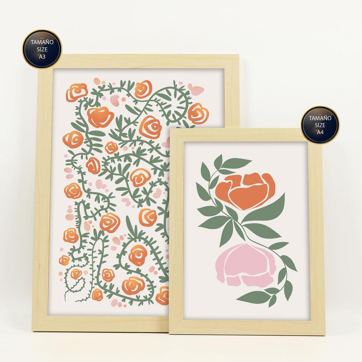 POSTER Set Mit 6 Fustige Blume Zusammenfassung A3 & A4 Rahmen Aus Hellem Holz - Beige, Papier (29/3cm) - Nacnic