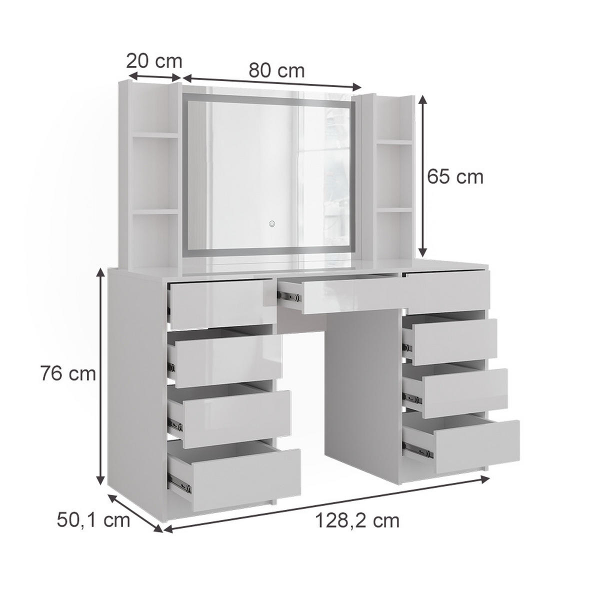 SCHMINKTISCH Sherry Weiß/Weiß Hochglanz 128.2 cm 4 Teile - Weiß Hochglanz, Holzwerkstoff (128.2/76/50.1cm) - Vicco