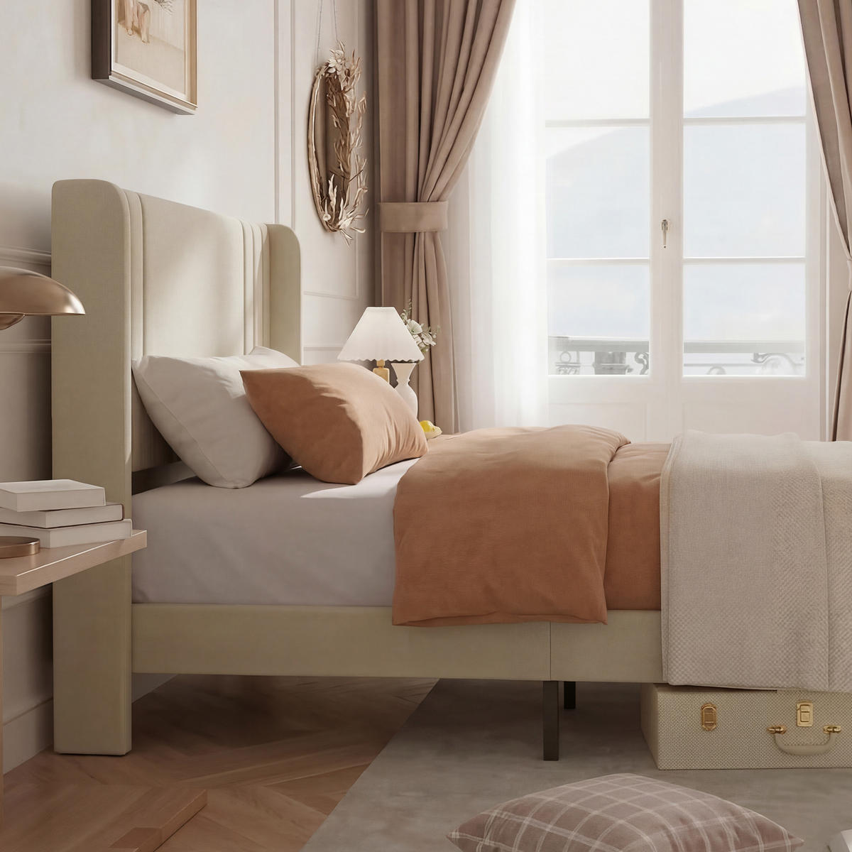 POLSTERBETT 90/200 cm Beige mit Flügelkopfteil und Stauraum - Beige, Holz (90/200cm) - SHOPENTRA
