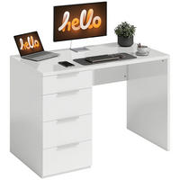 SCHREIBTISCH Weiß Hochglanz mit 4 Schubladen und Bodengleitern 110/61,5/75 cm - Weiß Hochglanz, Holzwerkstoff (61.5/110/75cm) - PANGIVO
