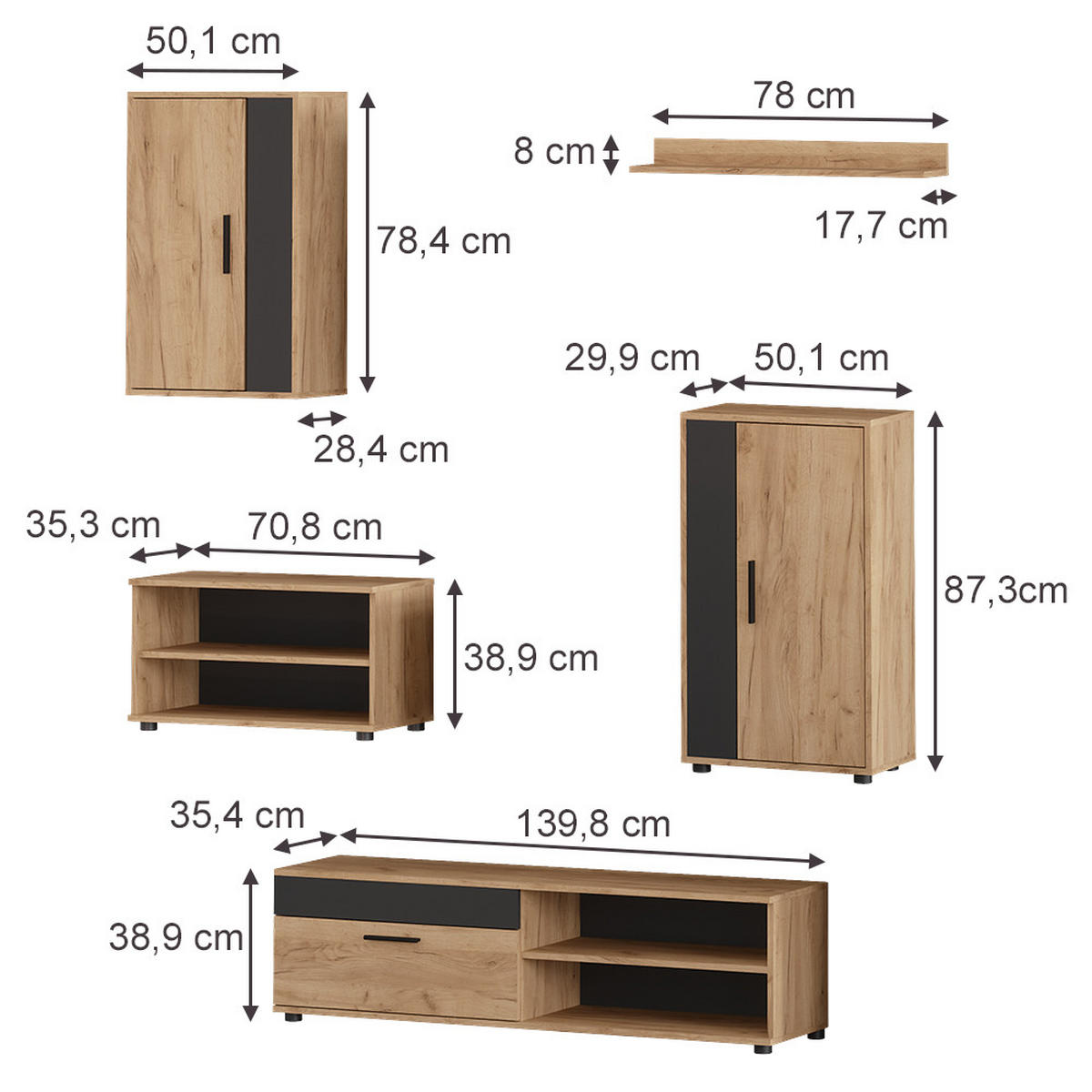 NÁSTENNÁ SKRINKA Berno, Dub Goldkraft/antracitová, 5-dielna sada - dub medový/antracitová, kompozitné drevo (140/38.7/35.2cm) - Vicco