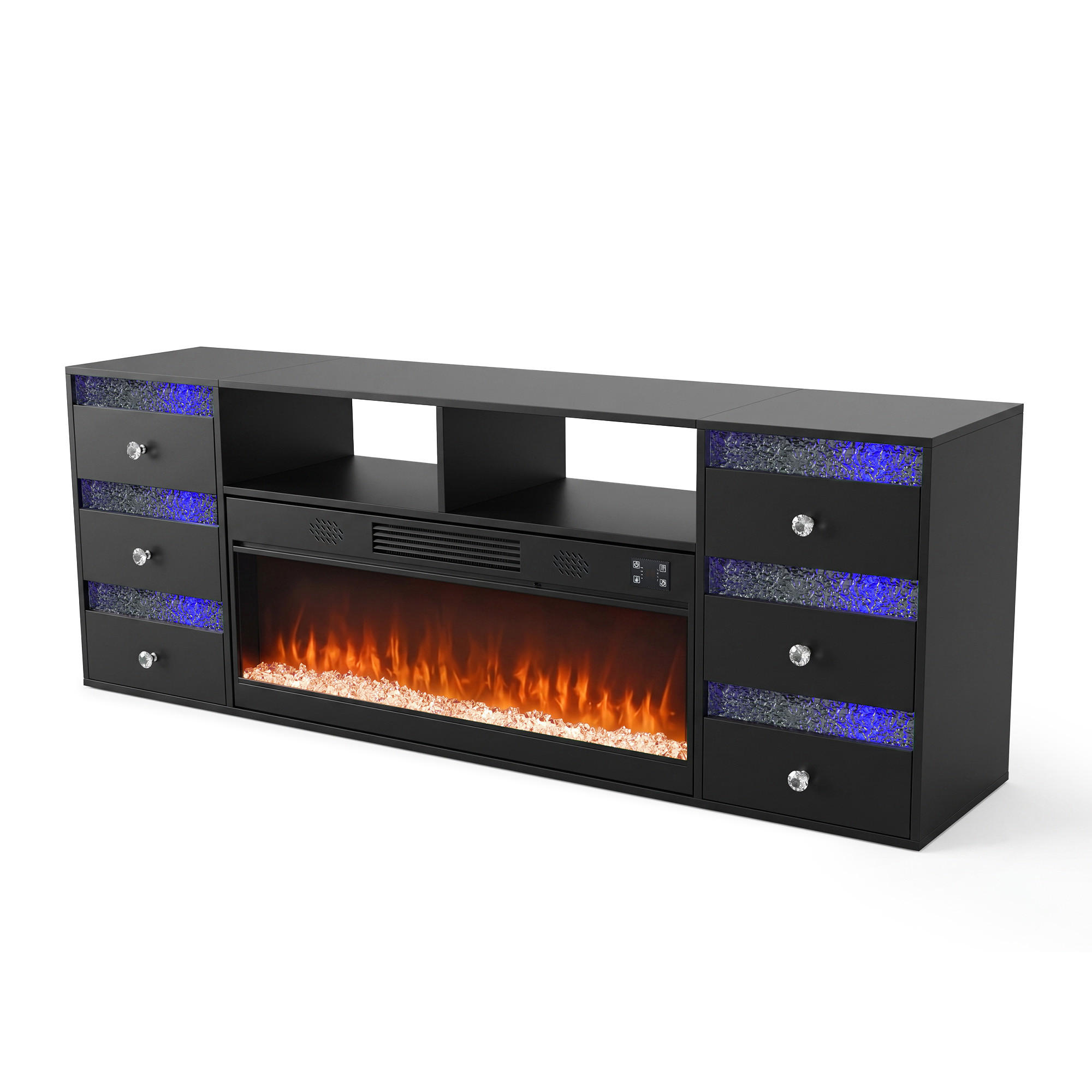 TV-SCHRANK mit Elektrokamin Beleuchtung RGB Lowboard 6 Schubladen Schwarz 180/40/65CM - Schwarz, Metall (180/65/40cm) - VANITII