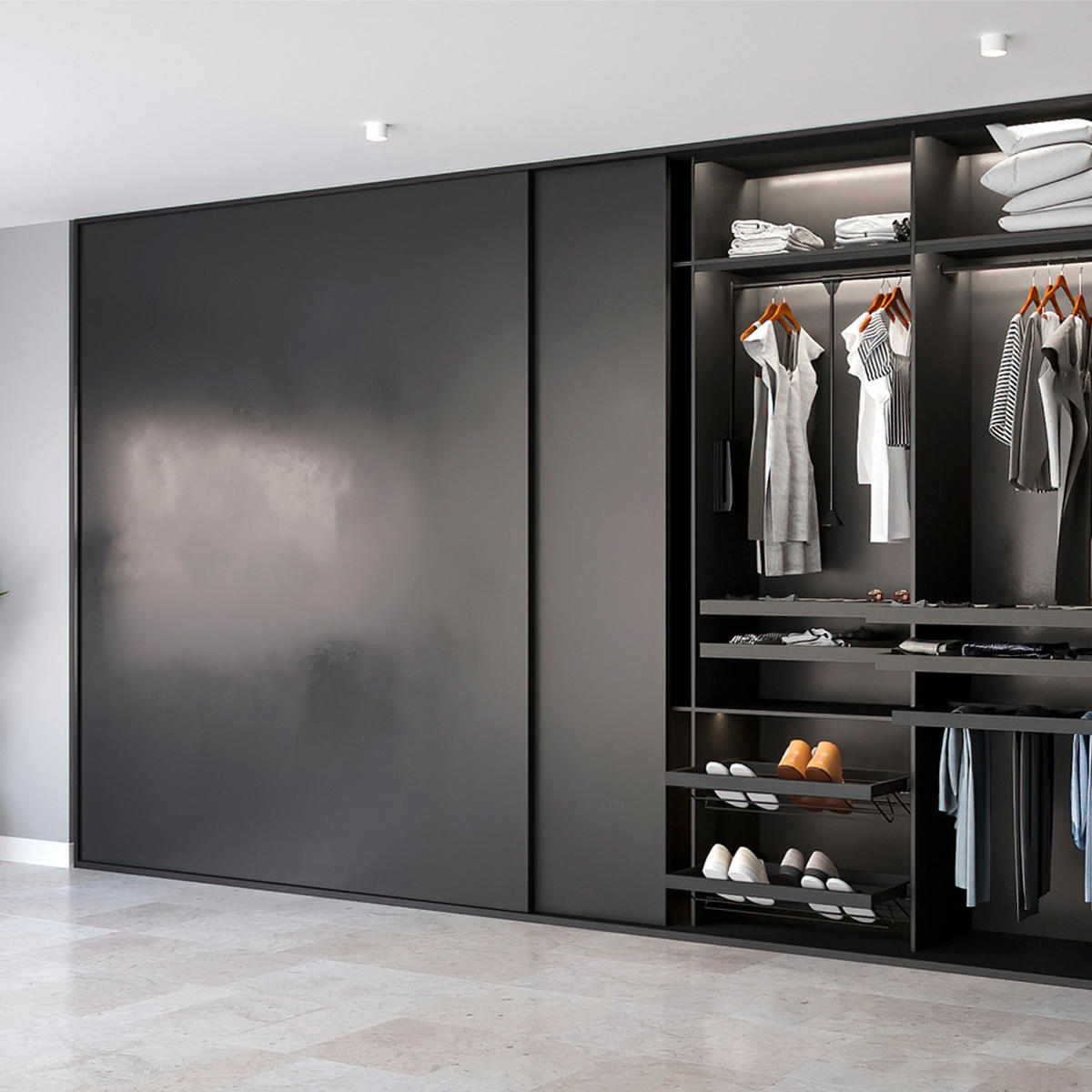 BESCHLAGSET für Flow 2 Schiebetüren und Schrank mit sanftem Schließen mit eingelassenen Schienen 2,35 m, ohne Platten, Matt eloxiert - Dunkelgrau, Metall (0.5/5/235cm) - EMUCA