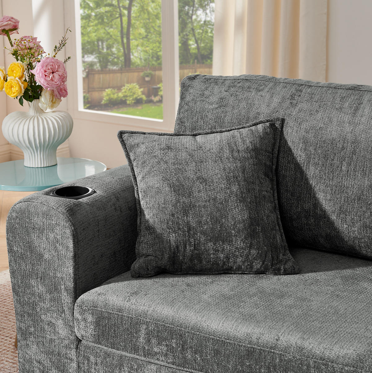 2-SITZER-RELAXSOFA mit USB und Getränkehalter Chenille Gray - Grau, Kunststoff (220/89/100cm) - Meubliv