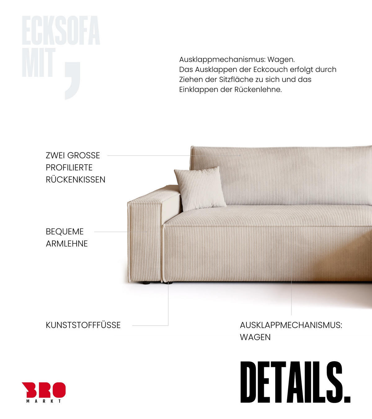 ECKSOFA ADI XL mit Schlaffunktion Vanille Cord - Creme, Textil (272/143cm) - Bromarkt