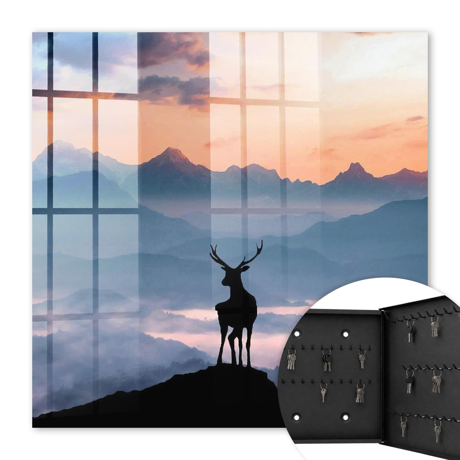 SCHLÜSSELBOX Schwarz 30x30 cm- Türöffnung nach rechts - Harmonie der Berge - Blau, Metall (30/30/5cm) - TULUP