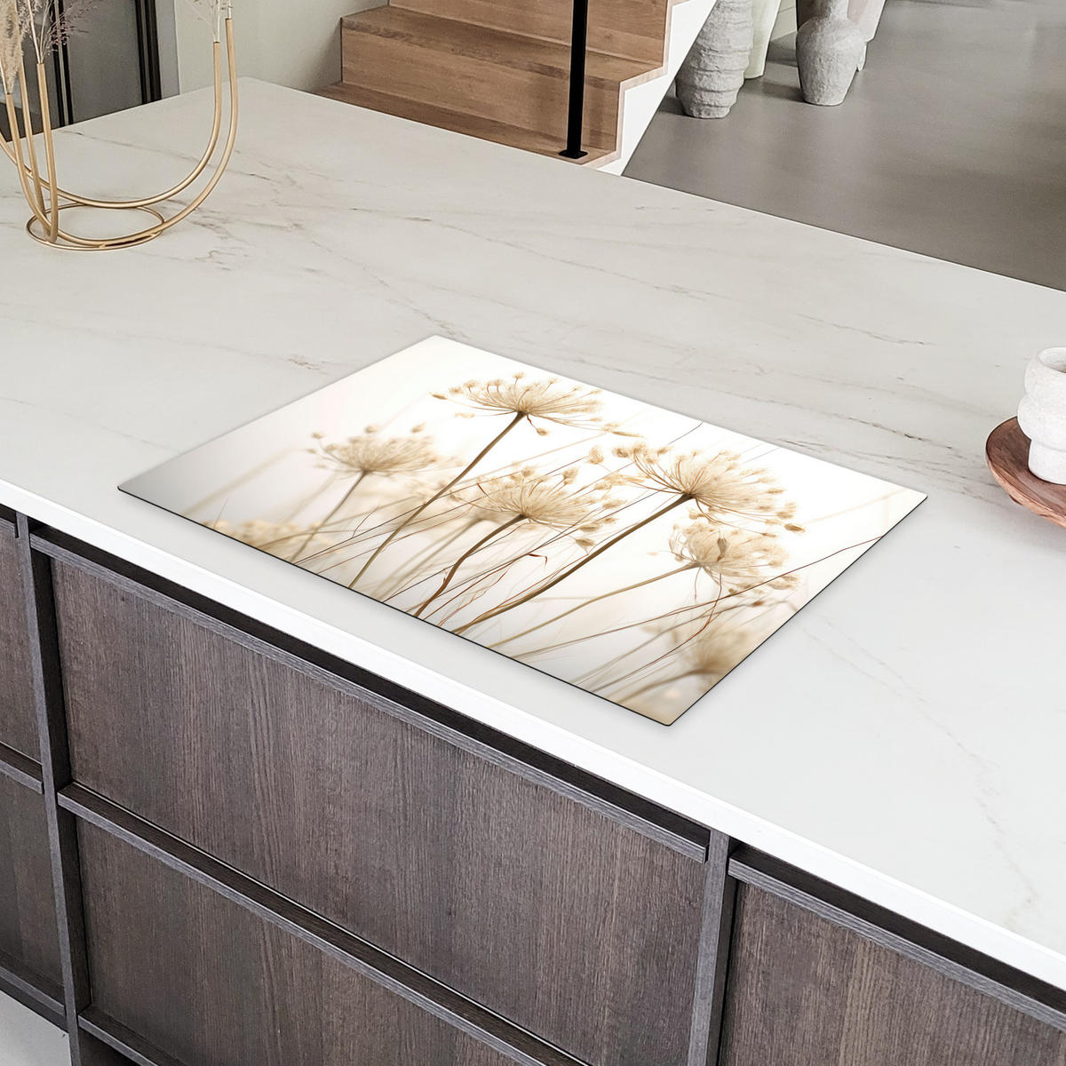 HERDABDECKPLATTE Blumen - Weiß - Sonnenlicht 77x51 cm - Ecru, Kunststoff (77/51/0.2cm) - MuchoWow