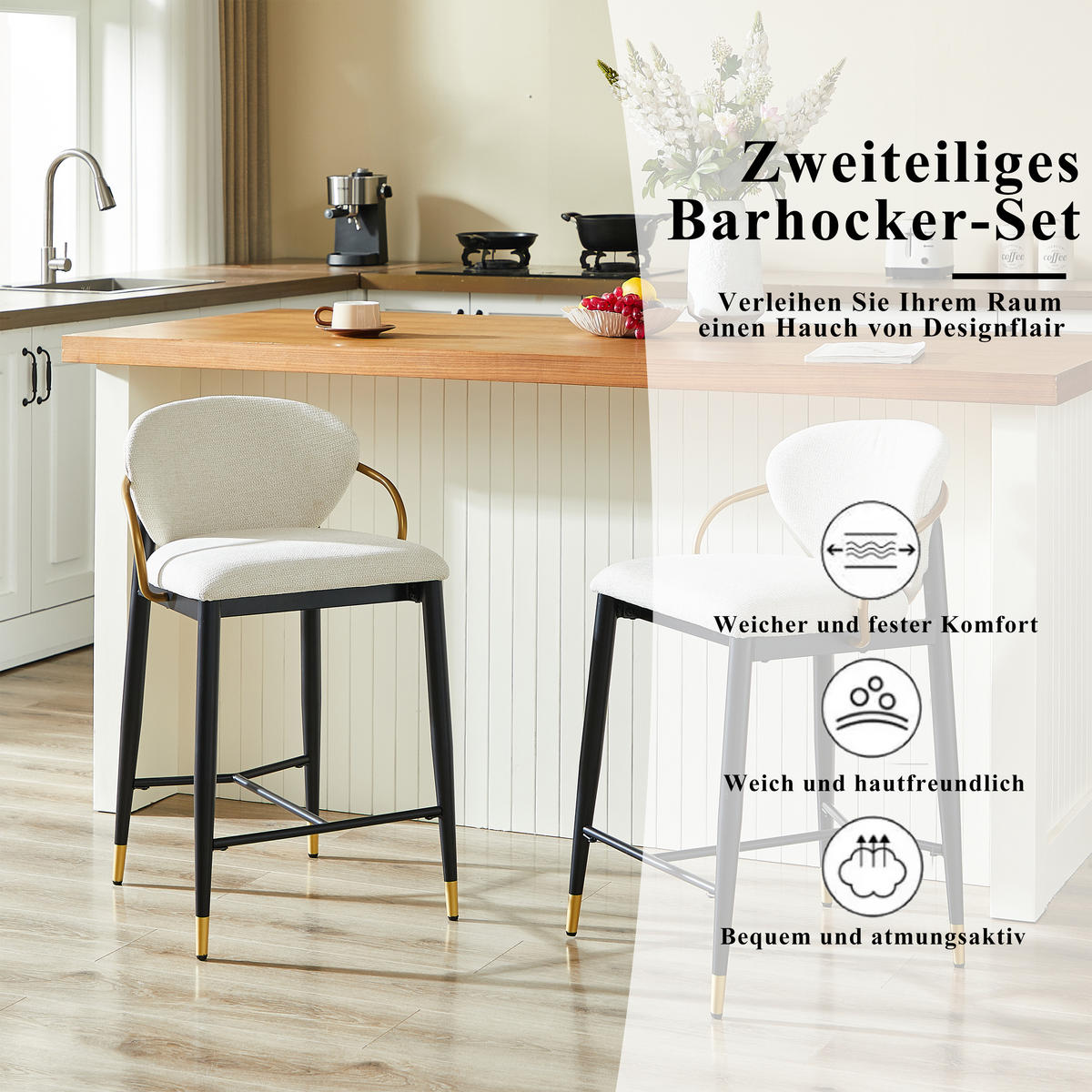 BARSTOL 2-PACK i Chenille i Beige, Svart och Guld, med Ryggstöd och Höjdjustering - Beige, Textil (52/87/57cm) - Urban Meuble