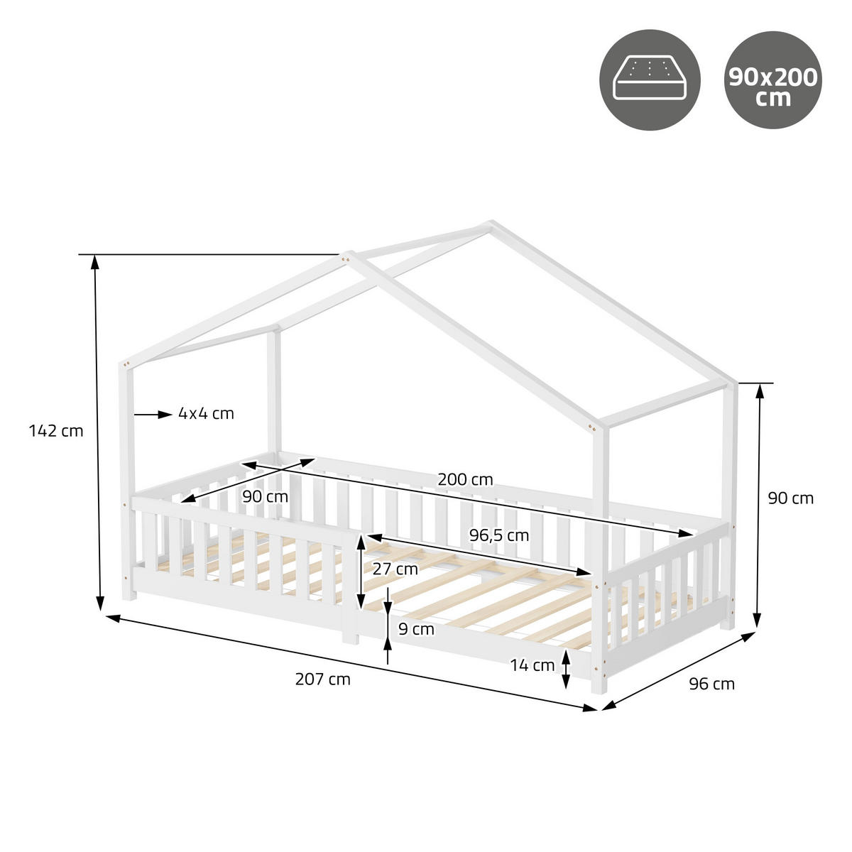 HAUSBETT mit Matratze 90x200 cm H:16cm Weiß aus Kiefernholz mit Rausfallschutz - Weiß, Holz (90/200cm) - ML-DESIGN