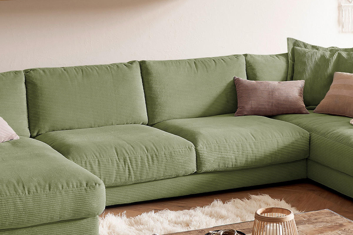 WOHNLANDSCHAFT MADELINE Dunkelgrün Cord - Dunkelgrün/Schwarz, Kunststoff/Textil (425/86/224cm) - KAWOLA