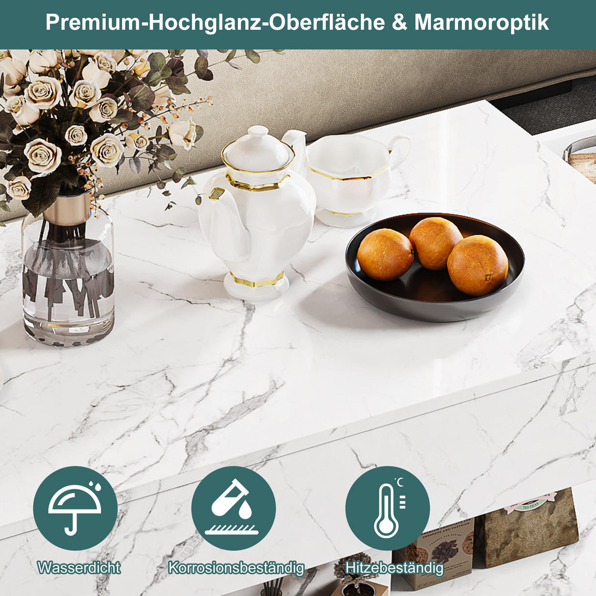 SOFFBORD med LED-belysning, förvaringsutrymme och marmorlook, vitt - Vit, Trä (100/50/45cm) - SHOPENTRA