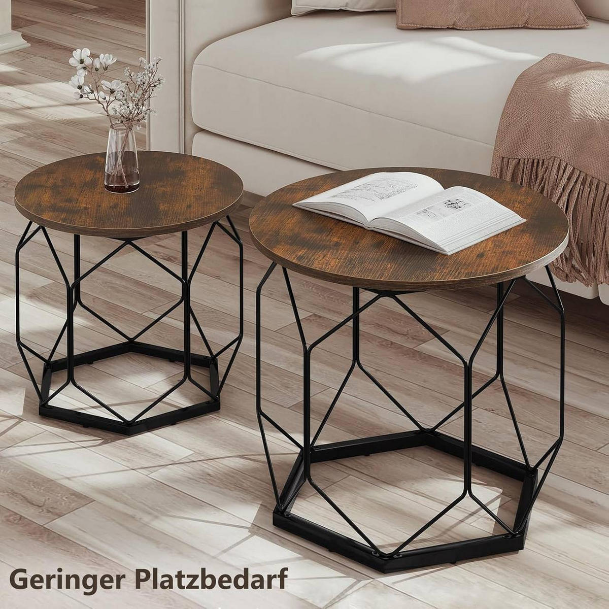 COUCHTISCH 2er Set, rund, Rustikales Braun - Dunkelbraun/Schwarz, Holzwerkstoff/Metall (50/50/45cm) - Woltu