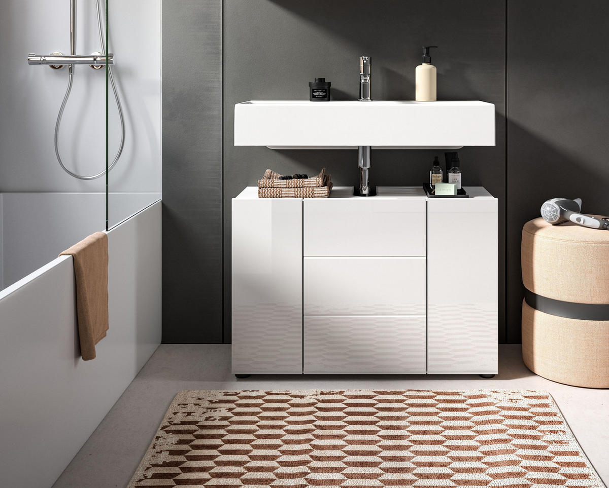 WASCHBECKENUNTERSCHRANK Vira Bad in weiß Melamin und weiß hochglanz B/H/T: 82x56x34 cm - Weiß, Holz (82/56/34cm)