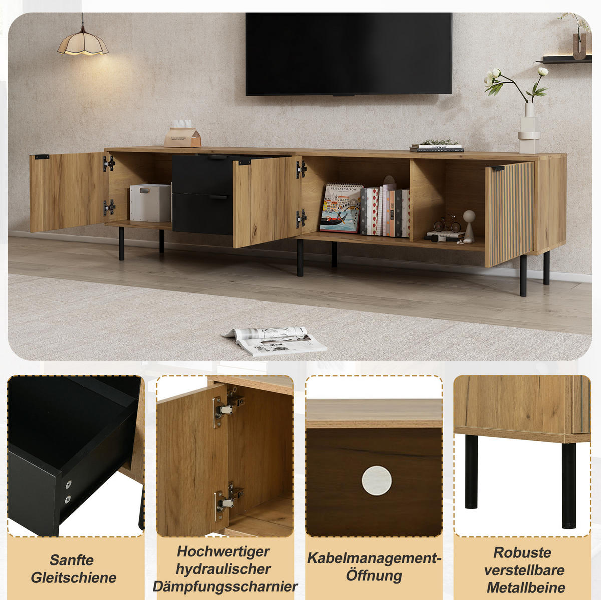 TV-LOWBOARD 208/40/48 cm schwarz/natur aus Spanplatte mit Stauraum - Schwarz, Holzwerkstoff (208/48/40cm) - OKWISH