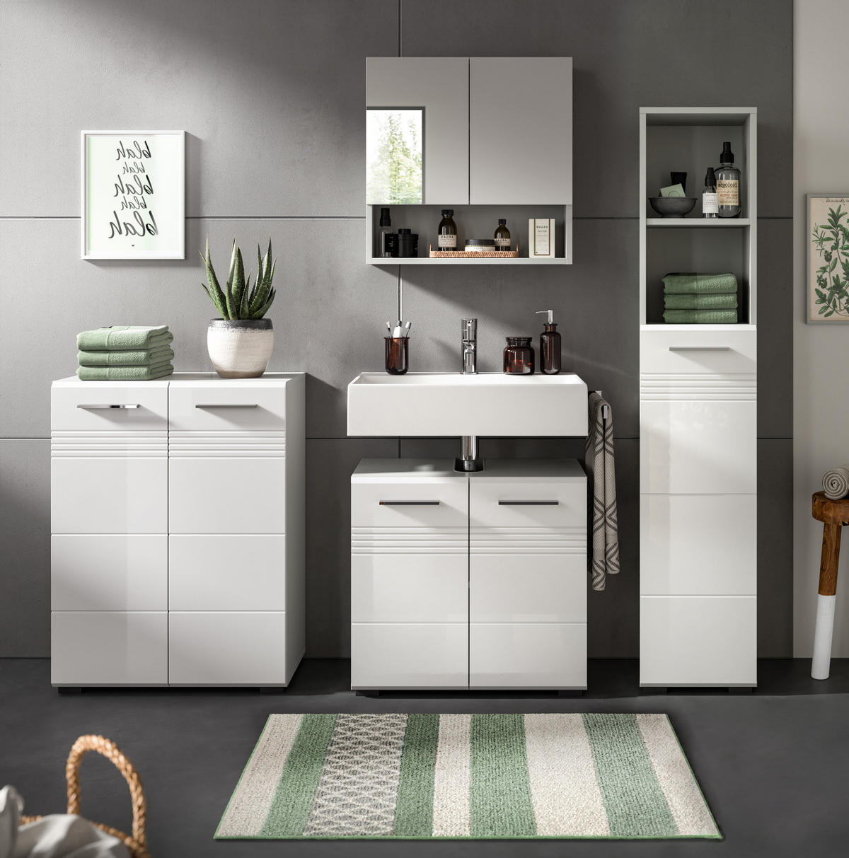 MIDISCHRANK weiß Hochglanz, grau 60 cm, Badschrank mit Soft-Close - Weiß Hochglanz/Silberfarben, Holzwerkstoff/Kunststoff (60/80/30cm) - Inn.Furn