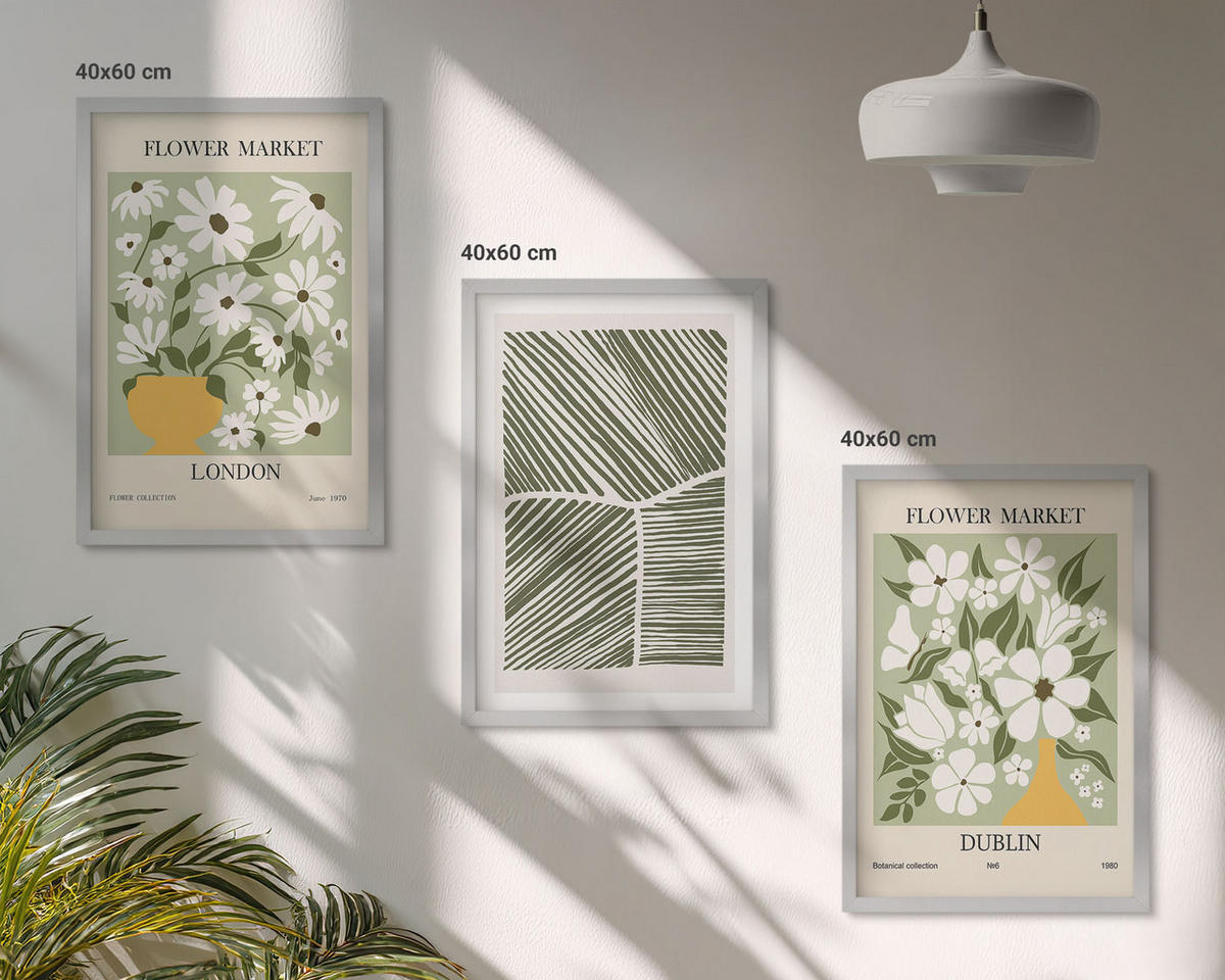 BILDER SET 3er Set - 40x60 cm Silberner Rahmen - Blumenmuster London Dublin - Silberfarben, Kunststoff (40/60cm) - TULUP