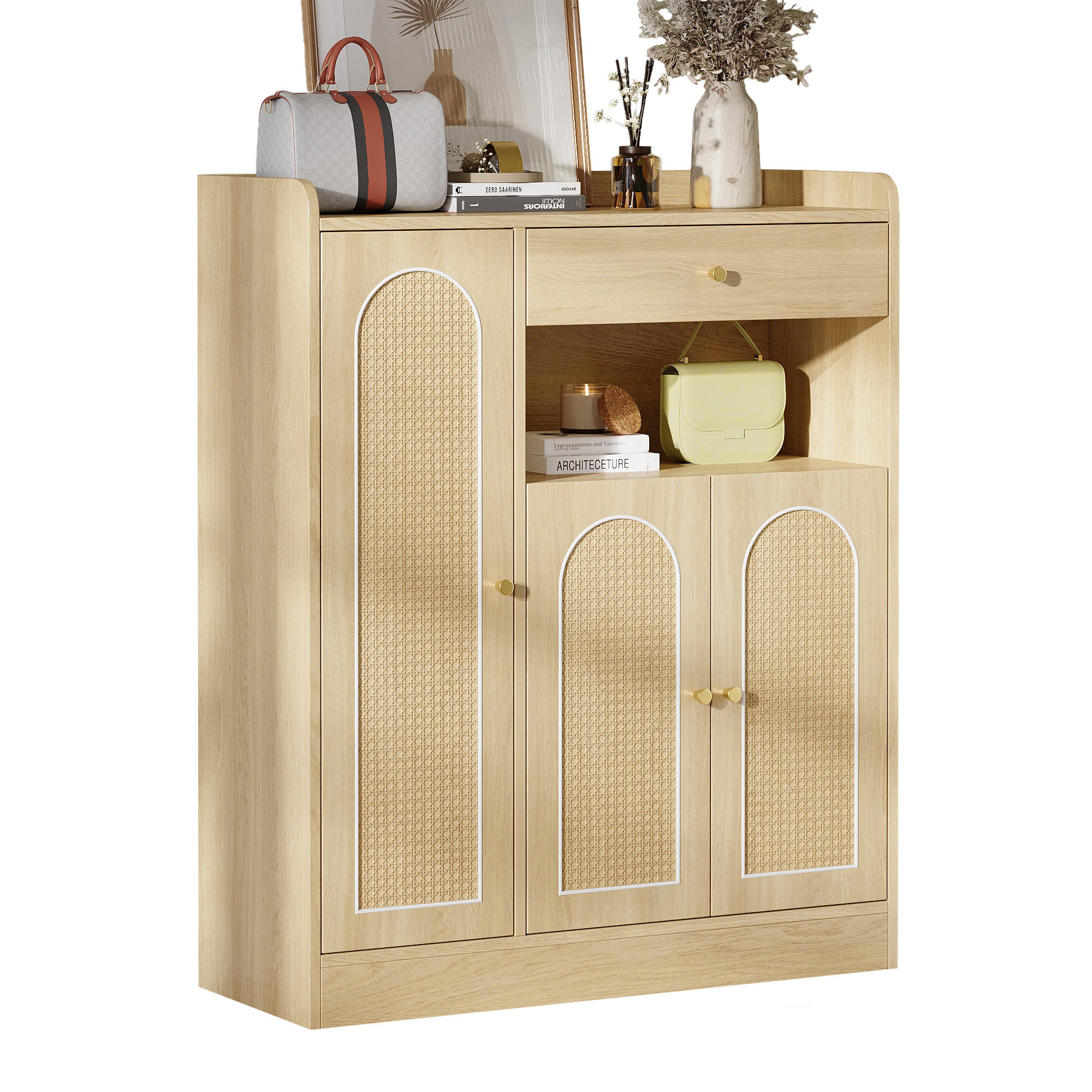 SCHUHSCHRANK Rattan-Design mit verstellbaren Einlegeböden Stauraum Natur Holzoptik Standardgröße - Naturfarben, Holzwerkstoff (90/110/35cm) - EVRYAE