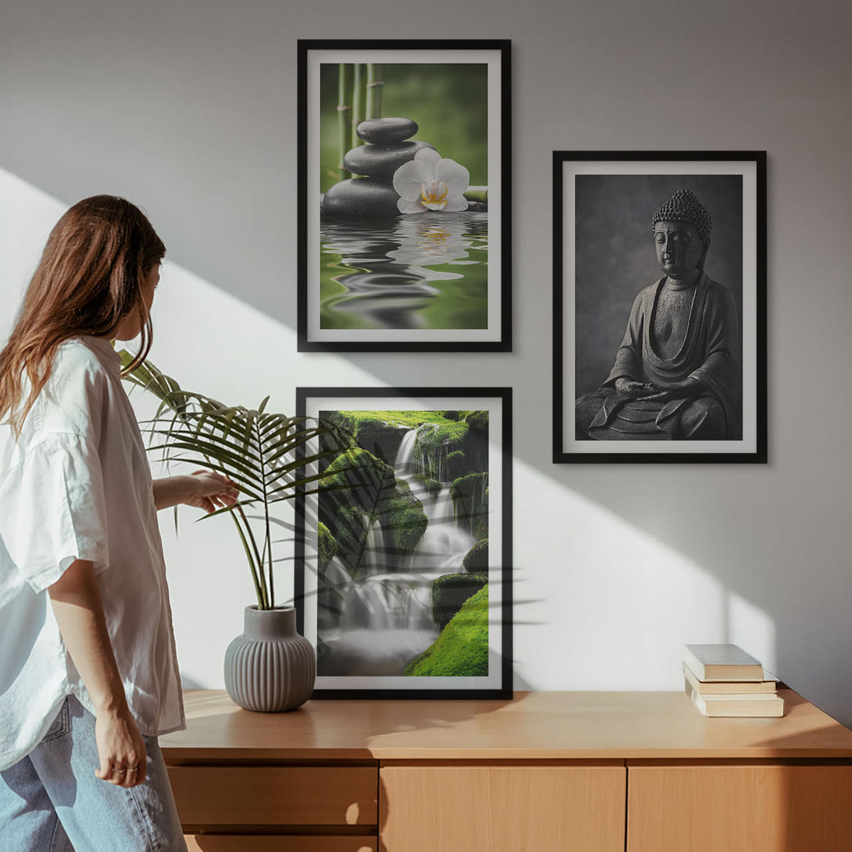 BILDER SET 3er Set - 40x60 cm Schwarzer Rahmen - Entspannende Zen-Wassermalerei - Schwarz, Kunststoff (40/60cm) - TULUP