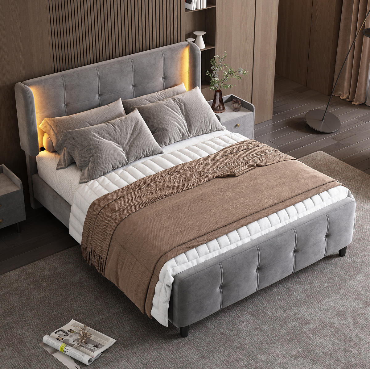 POLSTERBETT 140/200 cm Grau aus Samt mit LED-Beleuchtung - Grau, Textil (140/200cm) - OKMYHOME