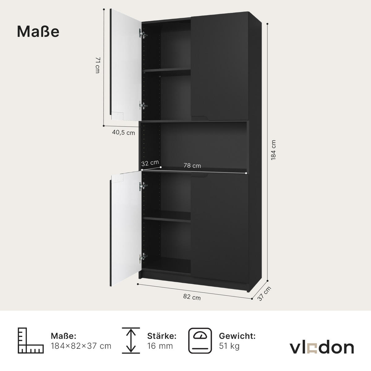 BÜROSCHRANK Logan Fronten in Schwarz matt - Schwarz, Holzwerkstoff (82/184/37cm) - Vladon