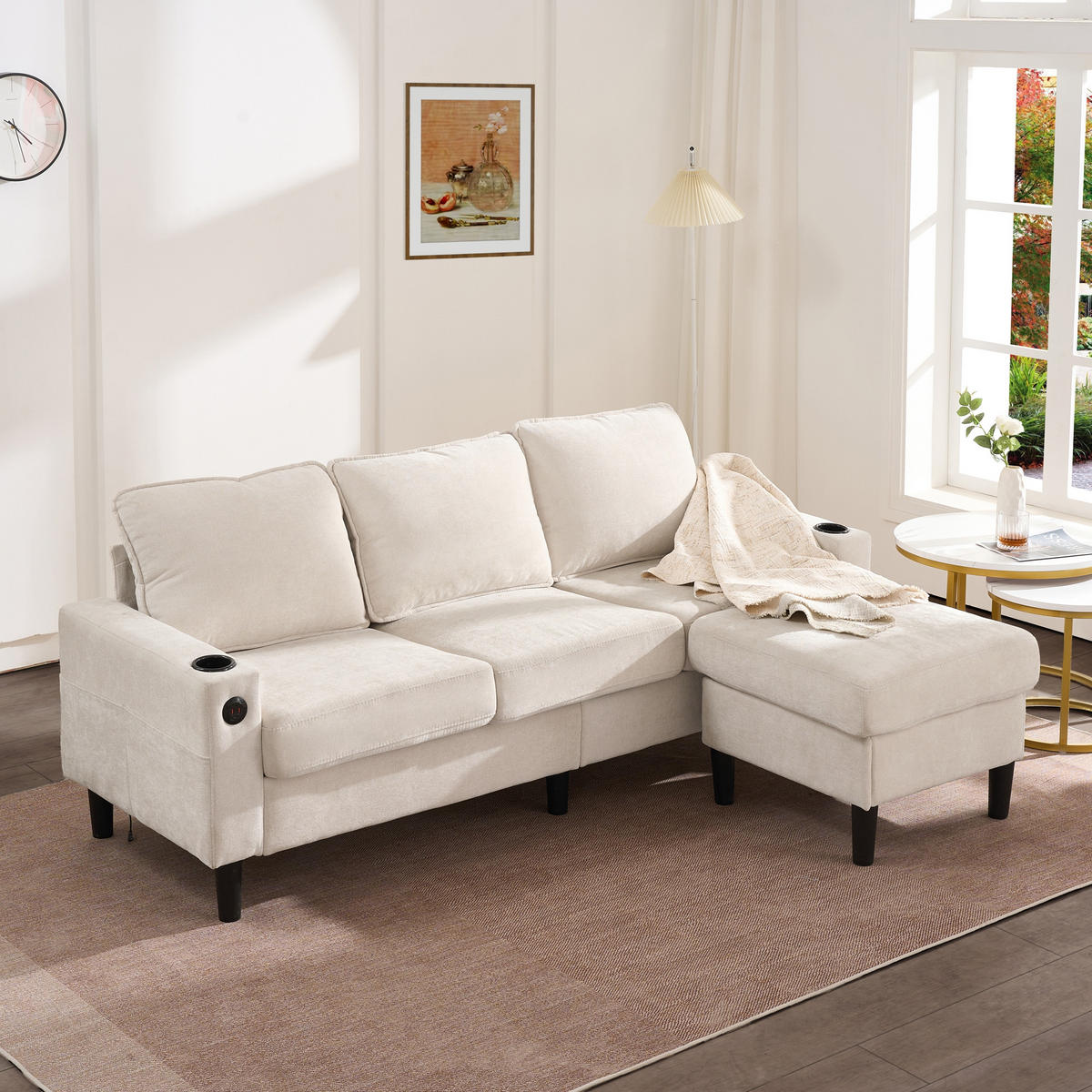 ECKSOFA L-Form 3-Sitzer mit zwei Getränkehaltern und USB und Typ-C-Anschlüssen Beige 202/137/80 cm - Beige, Textil (202/137cm) - OKWISH