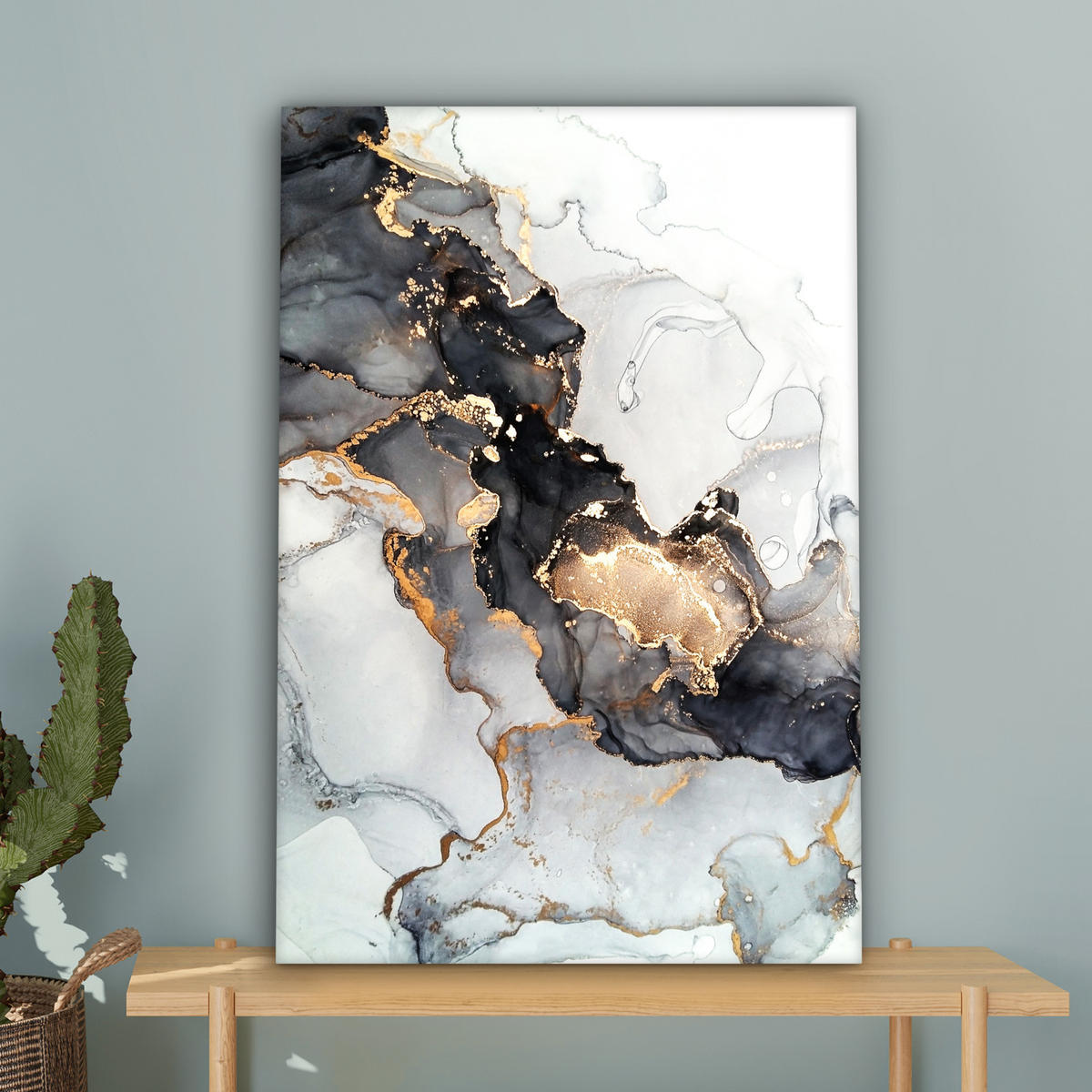 LEINWANDBILD Marmor - Schwarz - Weiß - Gold - Luxus - Abstrakt 60x90 cm - Goldfarben, Textil (60/90cm) - MuchoWow
