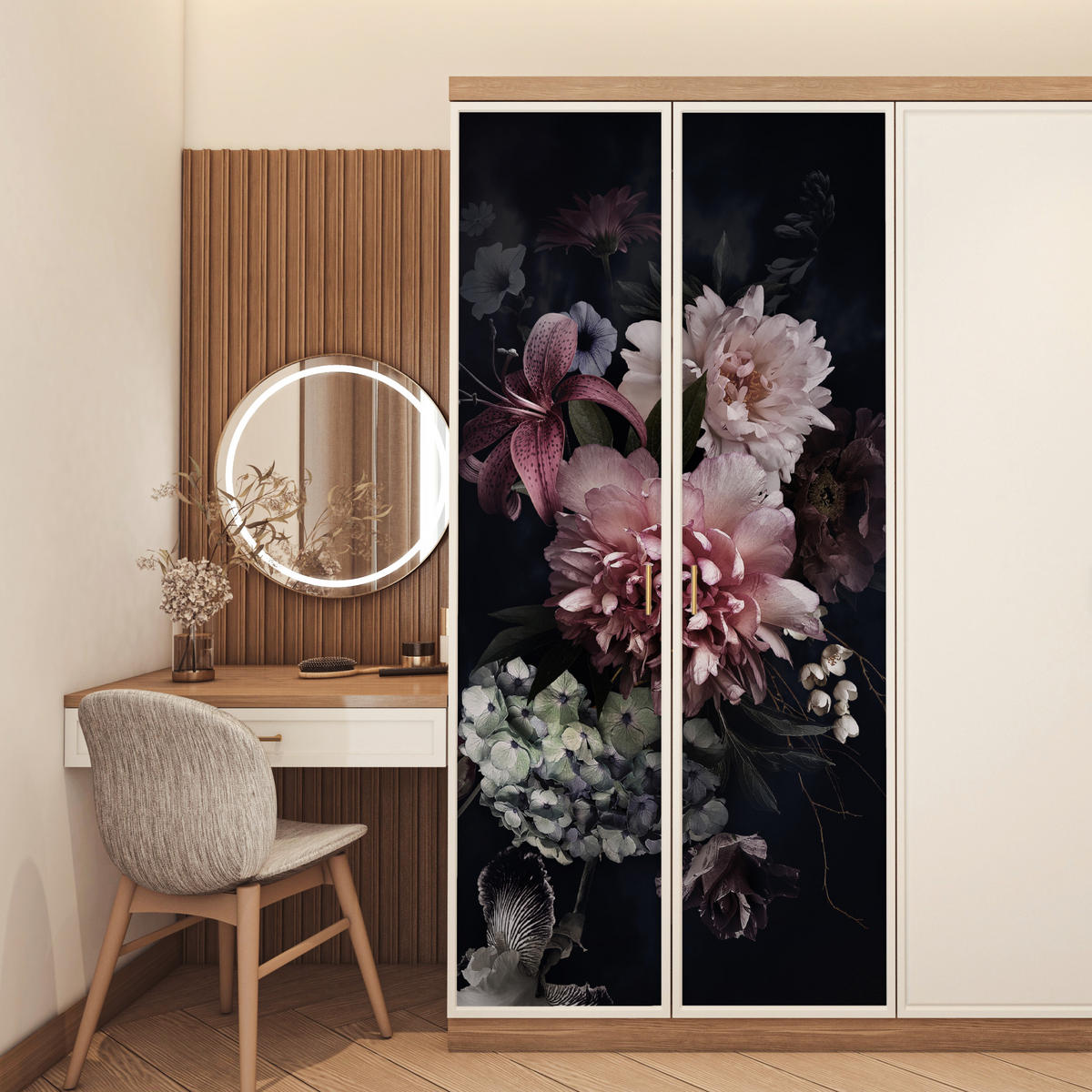 FOTOTAPETE Tür - Blumen - Vintage - Pastell - Rosa - Weiß 95x215 cm - Altrosa, Kunststoff (95/0.1cm) - MuchoWow