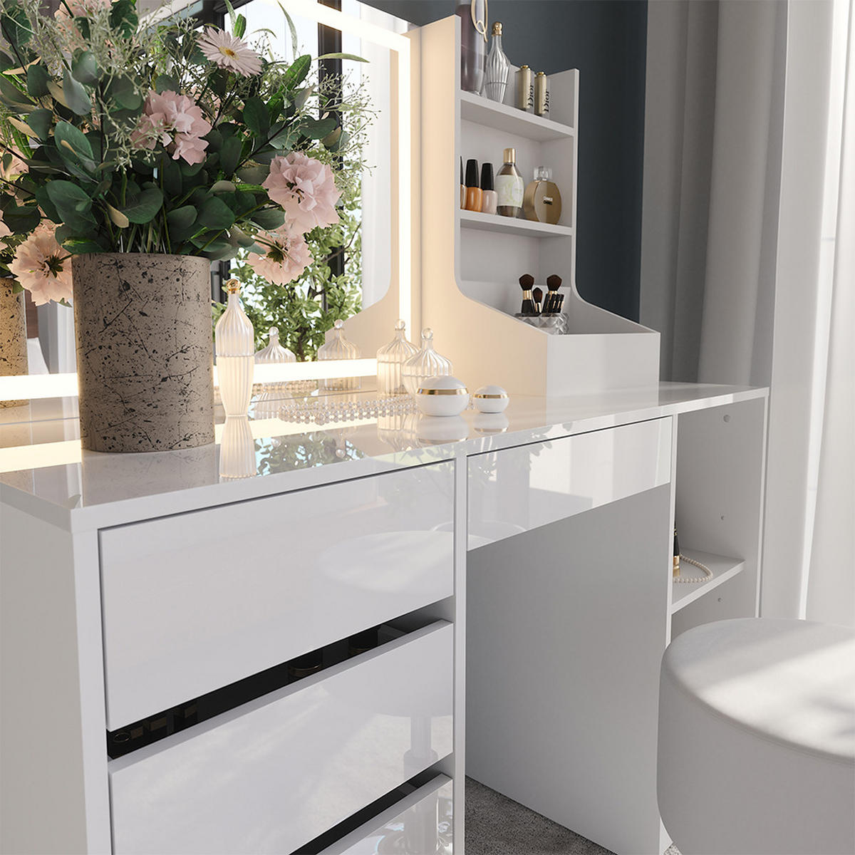 SCHMINKTISCH Sherry Weiß/Weiß Hochglanz 128.2 cm 4 Teile - Weiß Hochglanz, Holzwerkstoff (128.2/76/50.1cm) - Vicco