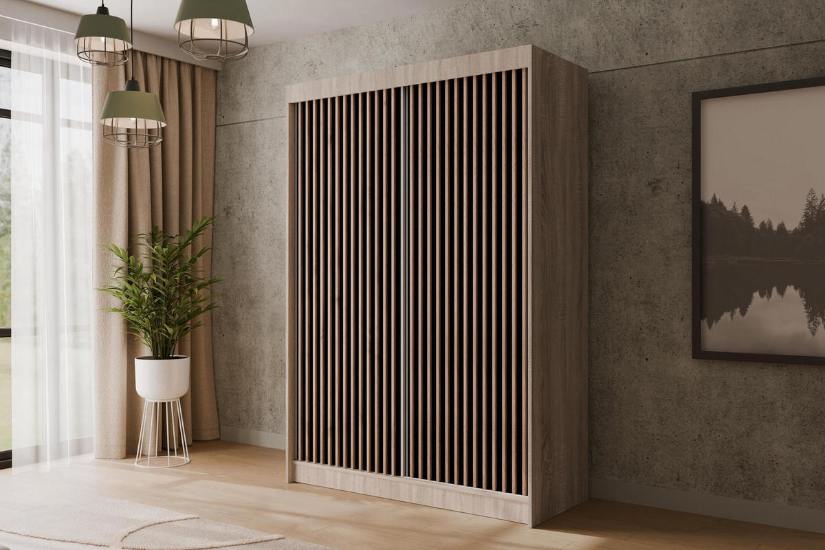 KLEIDERSCHRANK mit Lamel-Schiebetüren VILANv2 - 120 cm Sonoma Eiche + Lamelle Eiche Wotan - Eiche Wotan/Sonoma Eiche, Holzwerkstoff (120/215/61cm) - ALTDECOR